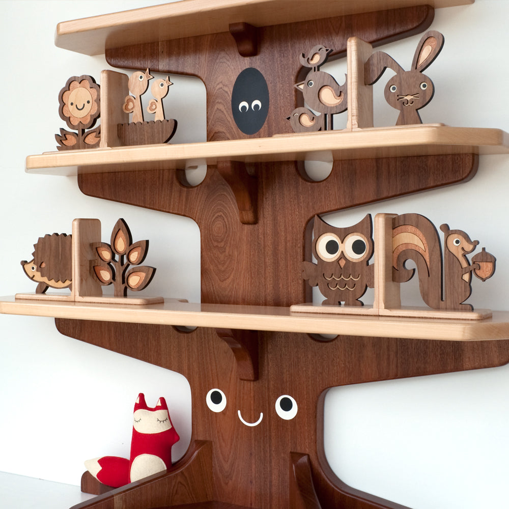 Wooden heirloom Happy Tree Bookshelf with woodland animal bookends handmade by Graphic Spaces
