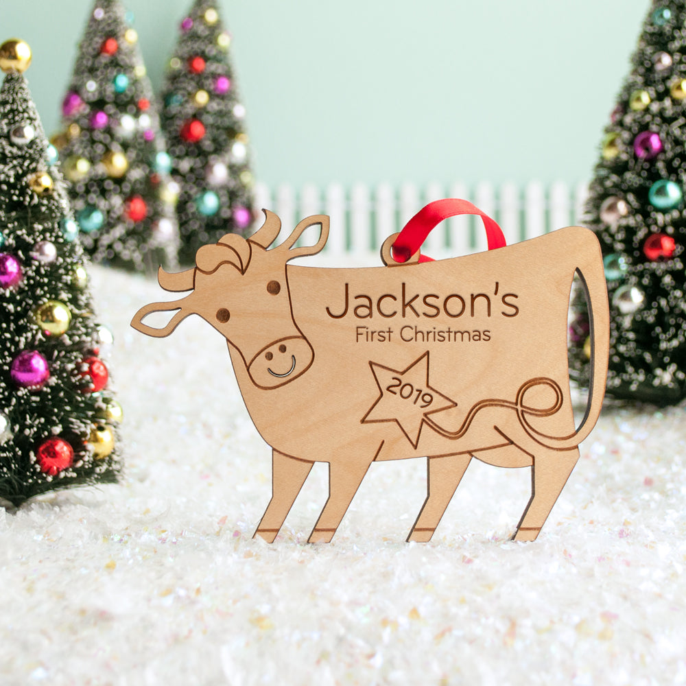 wood farm animal cow Christmas ornament personalized