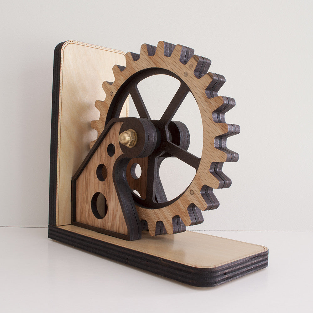 Personalized Wooden Gear Bookend for industrial decor handmade by Graphic Spaces