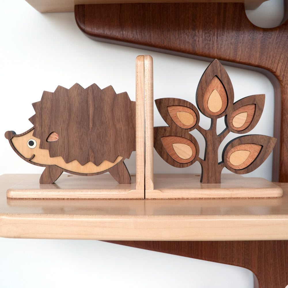 Sapling Tree Branch &amp; Hedgehog Wooden Bookend for woodland animal nursery decor handmade by Graphic Spaces