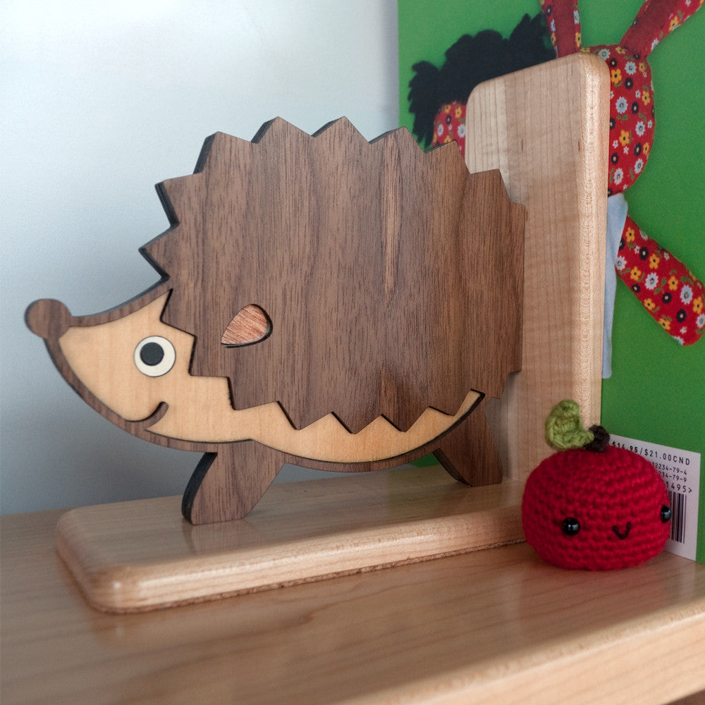 Hedgehog Wooden Bookend for woodland animal nursery decor handmade by Graphic Spaces