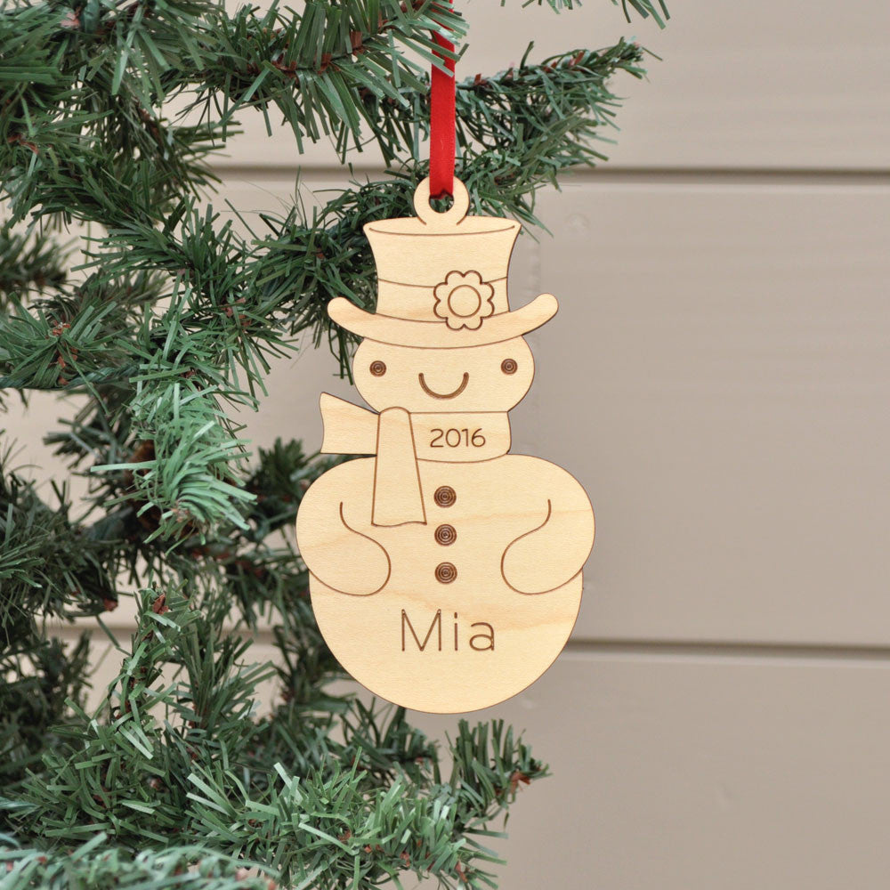 wood snowman girl christmas ornament personalized