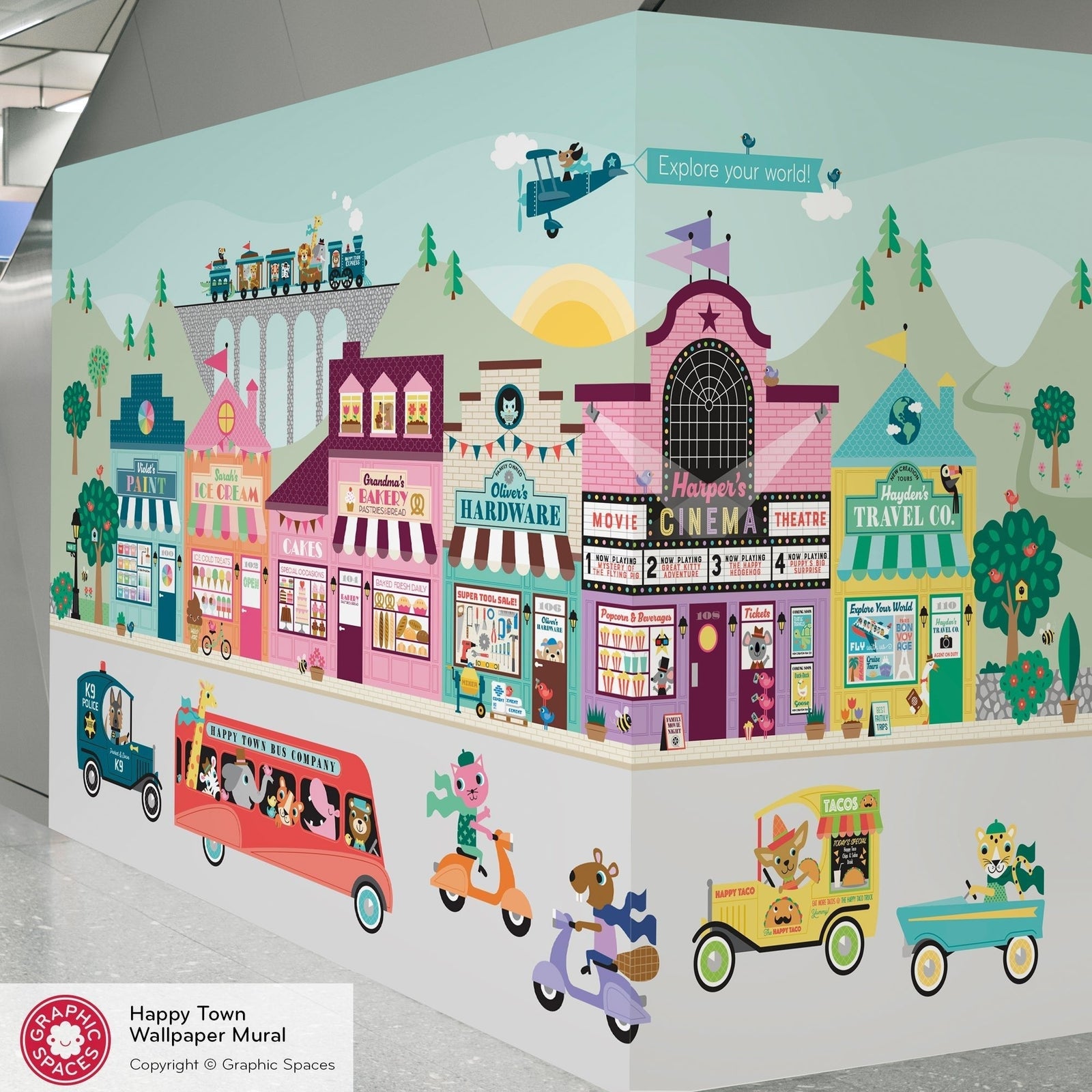 Collection of custom playful Happy Town wallpaper wall murals with colorfully illustrated storybook scenes for kids’ spaces