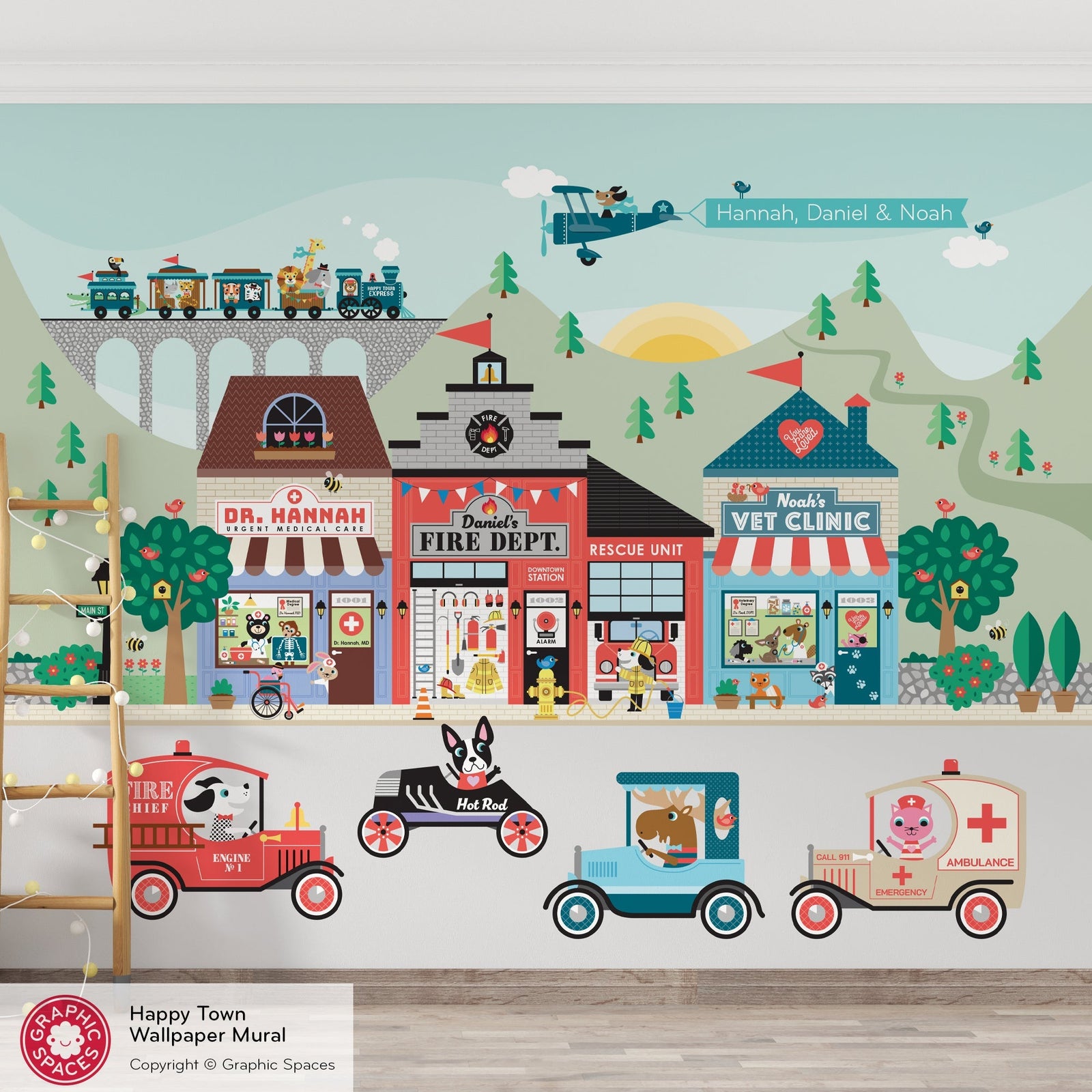 Fun illustrated Happy Town Collection of wall decals & murals for building a custom village scene for kids play spaces