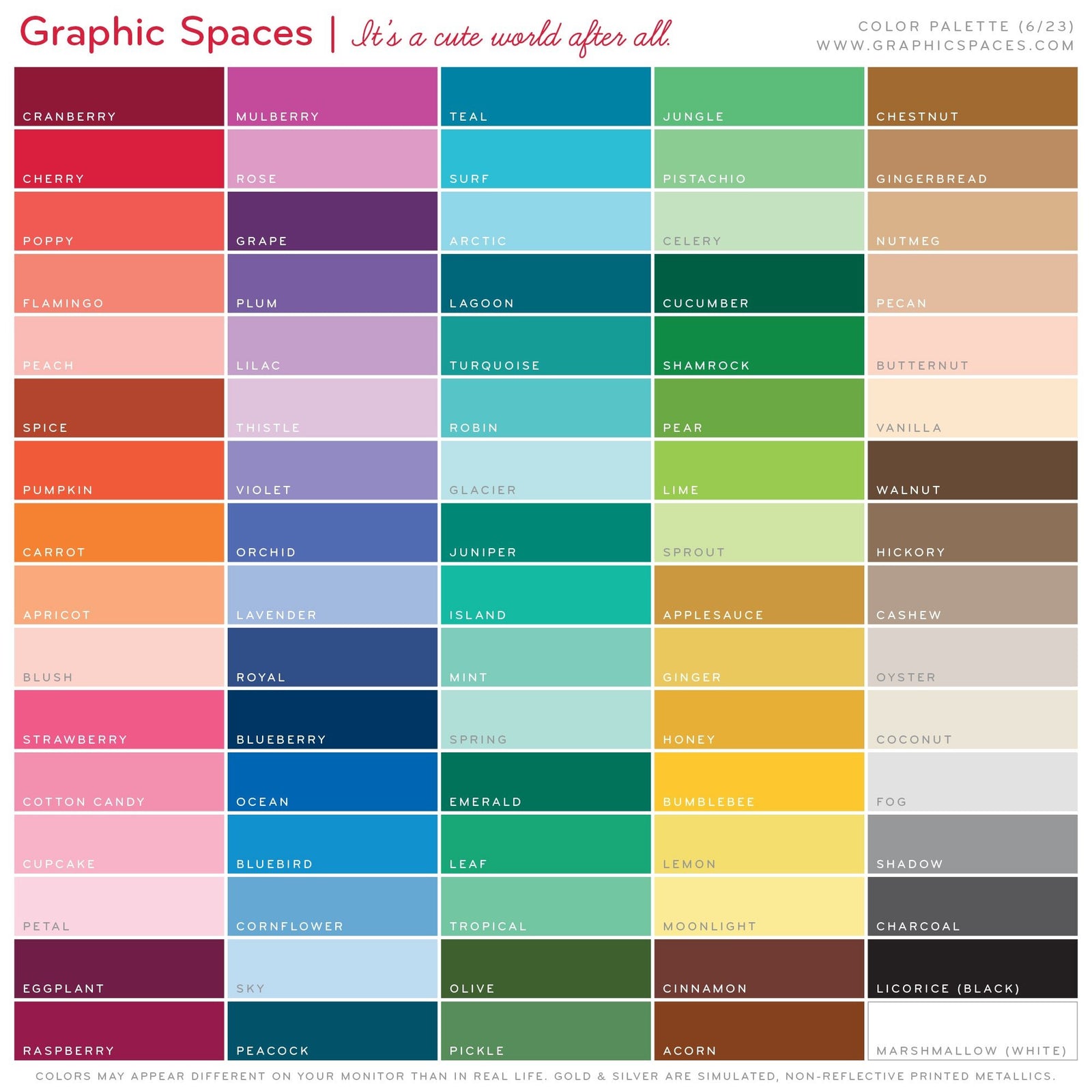 Wall decal color sample chart of 82 colors printed on peel-and-stick reusable fabric by Graphic Spaces