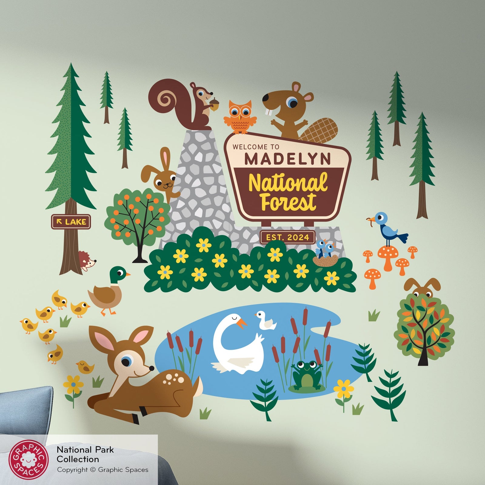 A themed collection of woodland wall decals featuring trees & forest animals for nursery & kids' rooms by Graphic Spaces