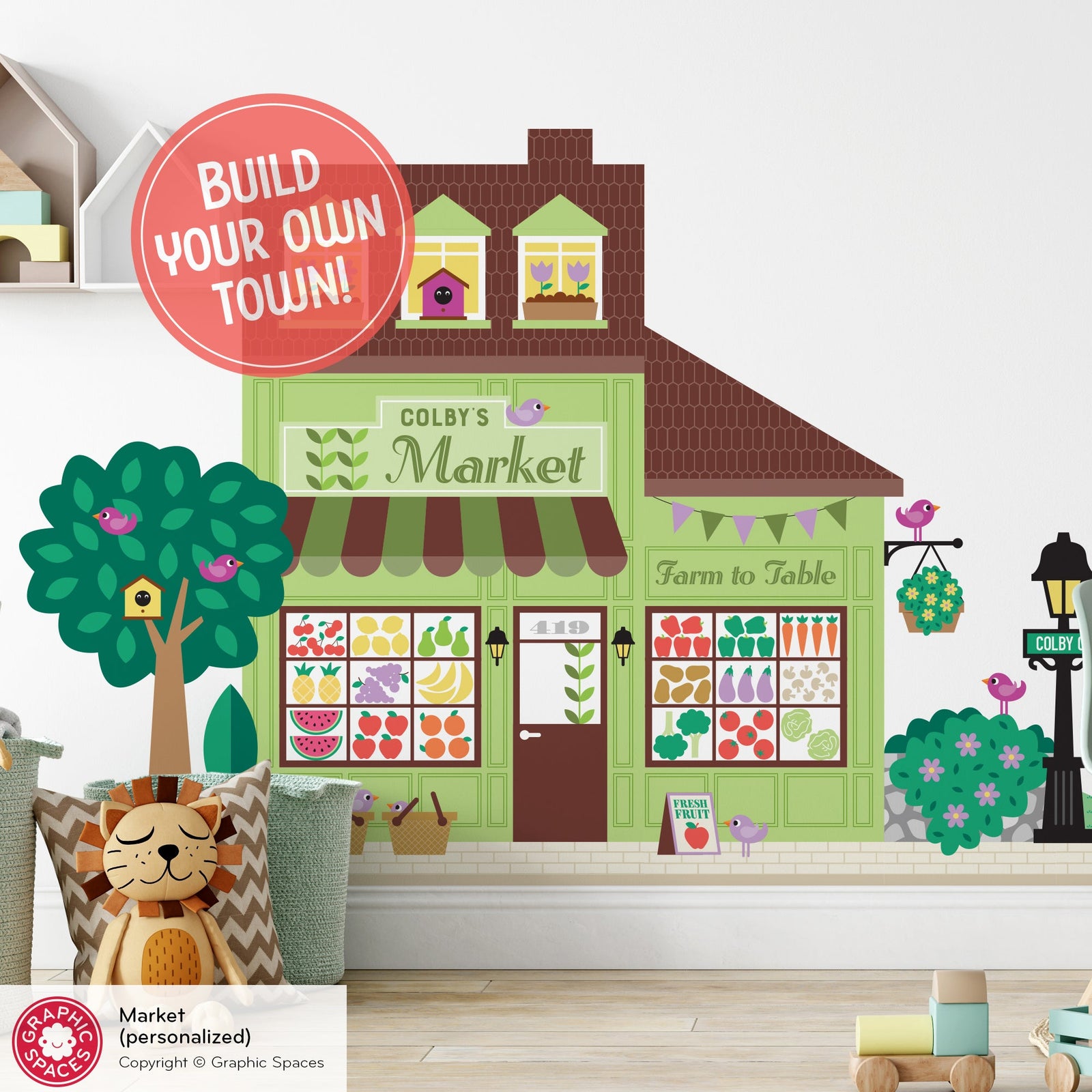 Happy Town Wall Decal collection of 44+ buildings to design a playful village scene for kids playrooms by Graphic Spaces