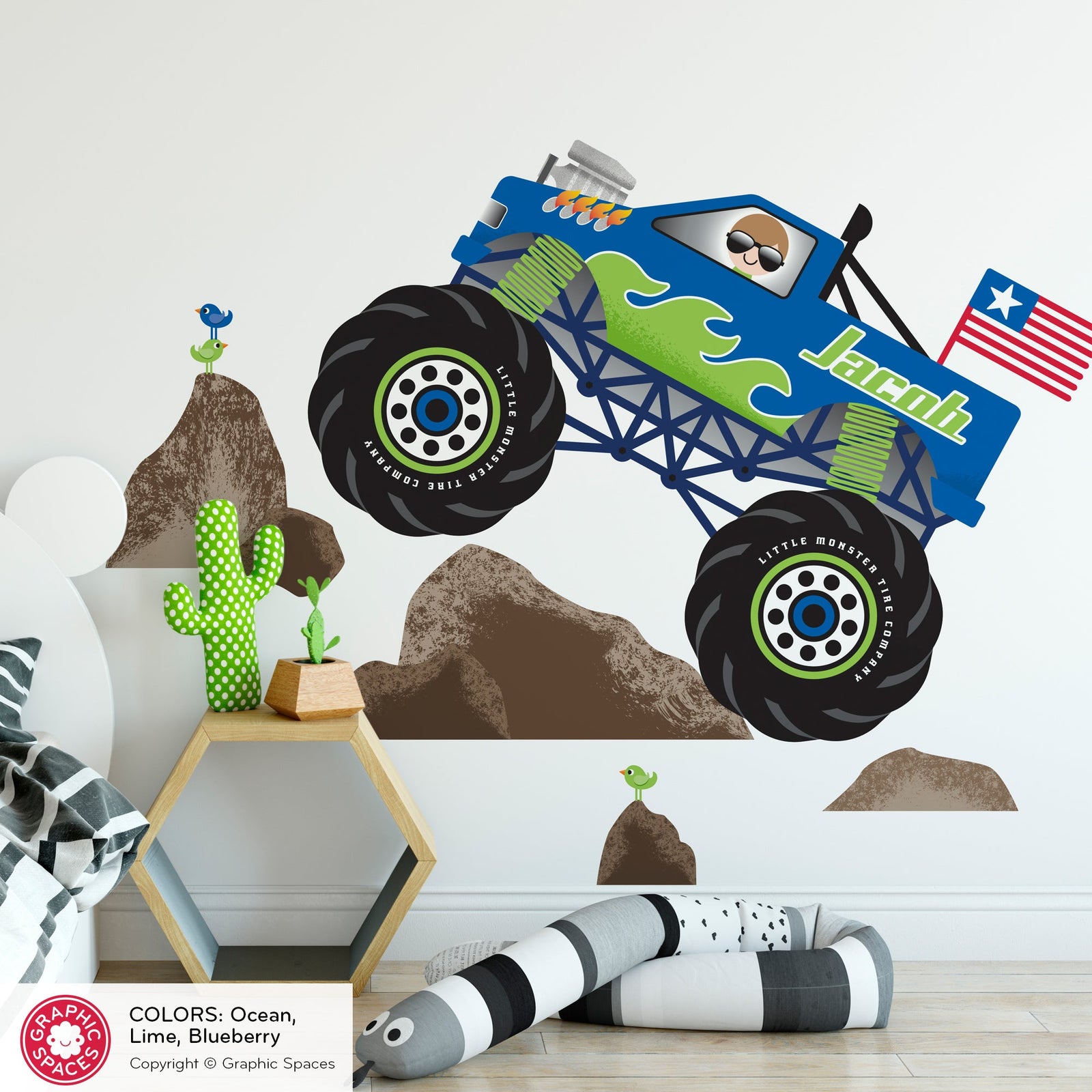 A custom Monster Truck wall decal theme collection for boys by Graphic Spaces