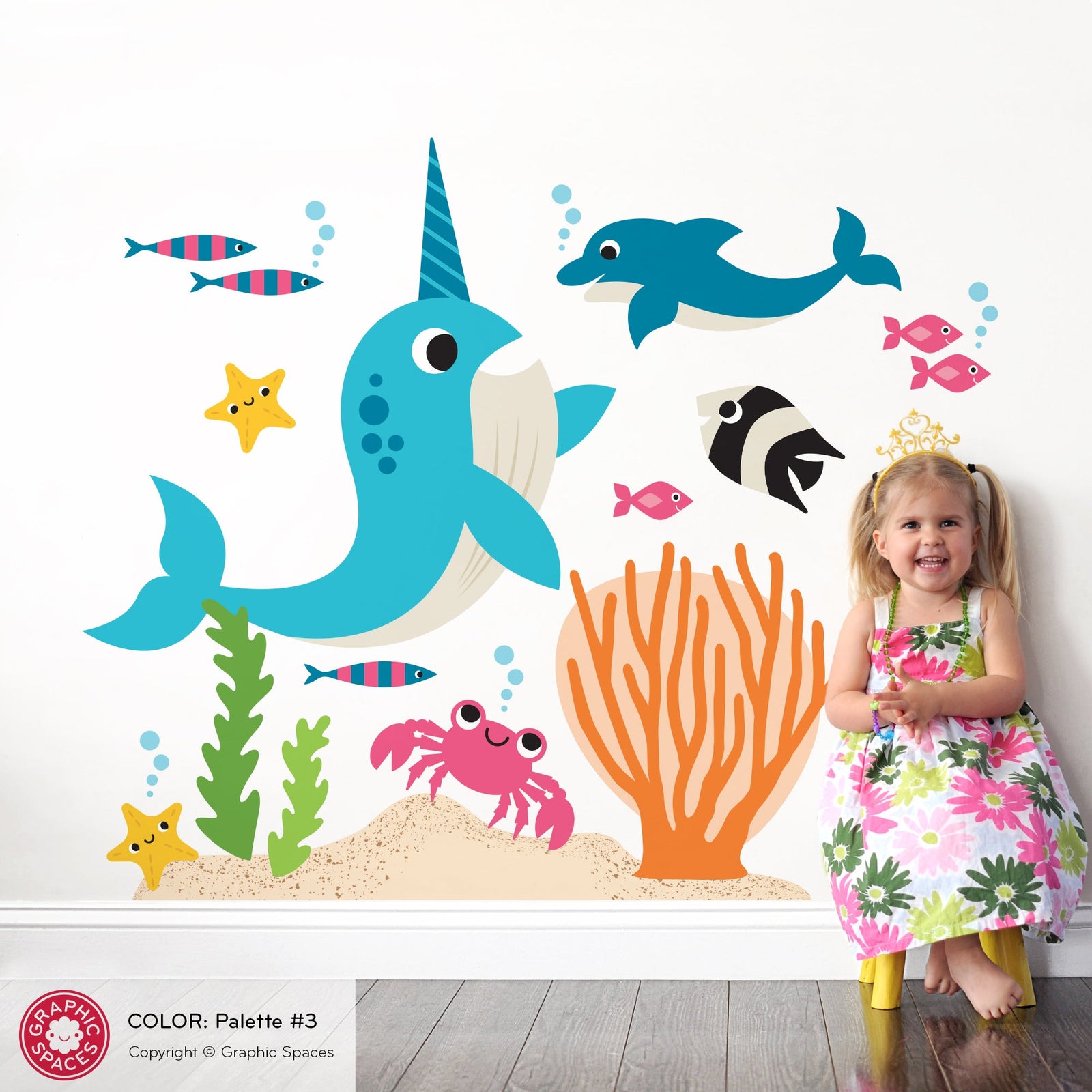 A themed collection of ocean wall decals featuring colorful underwater sea life for nursery & kids' rooms by Graphic Spaces