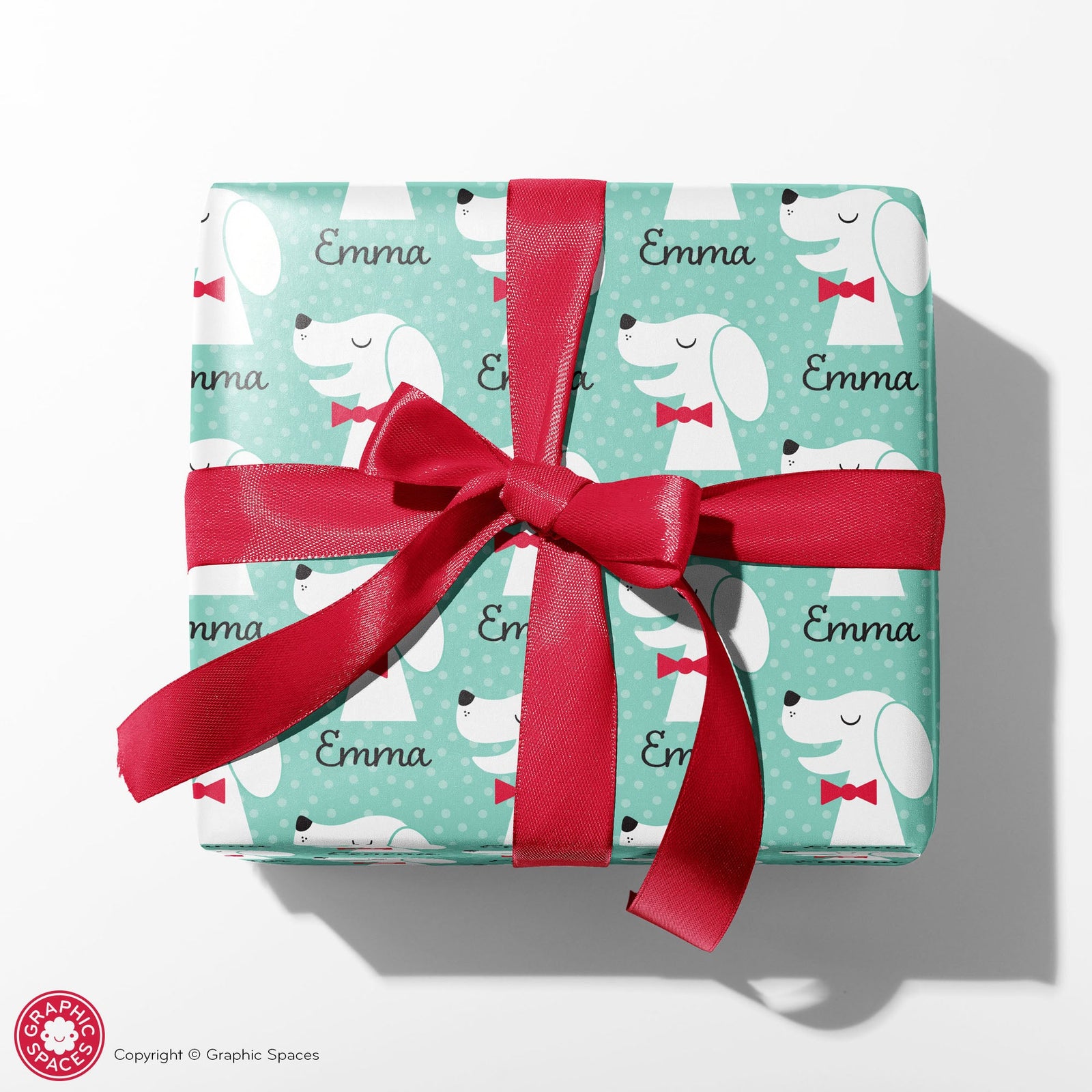 Dog-themed wrapping paper with playful puppy illustrations in warm tones