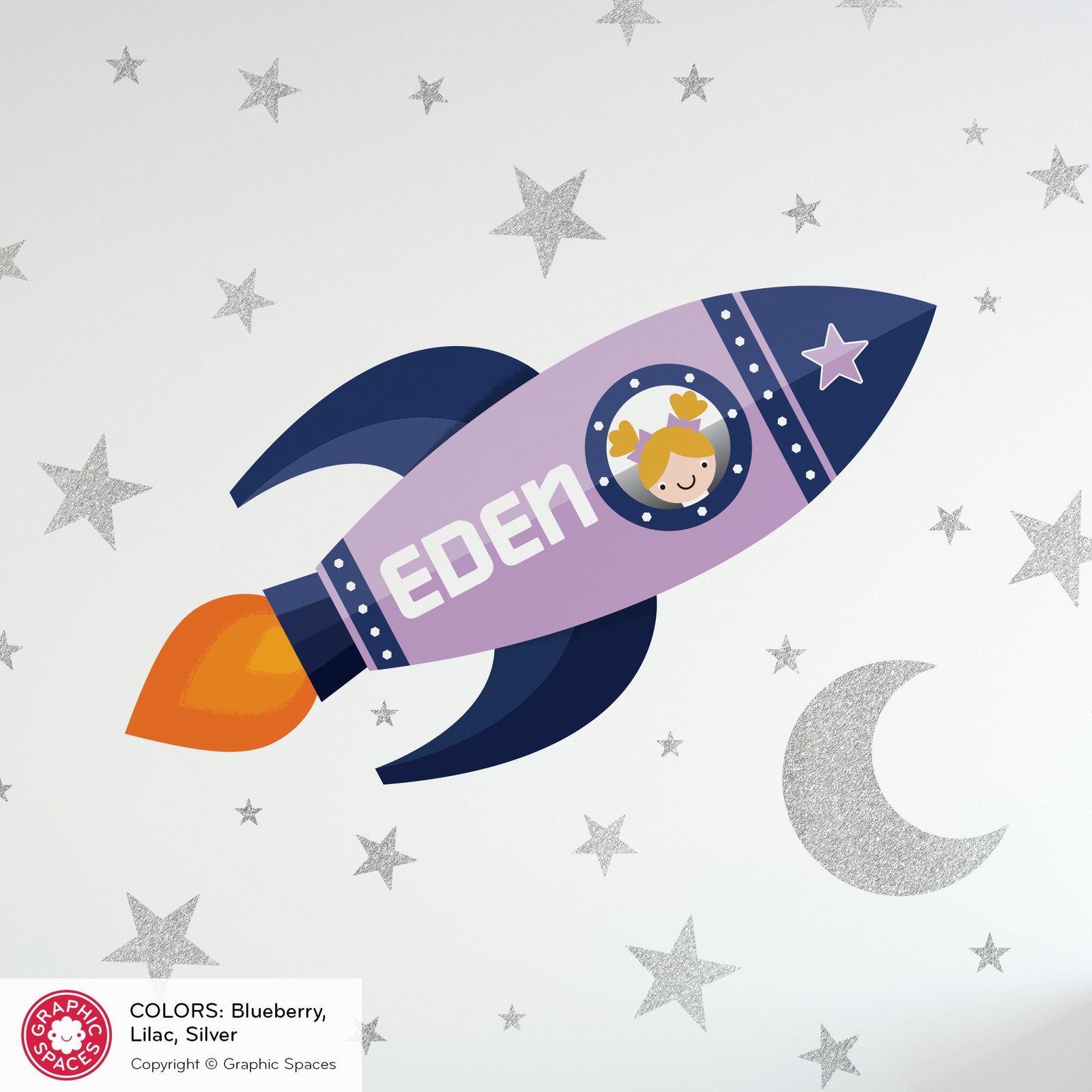 A playful outer space wall decal themed collection featuring rockets & astronauts for girls & boys' rooms by Graphic Spaces