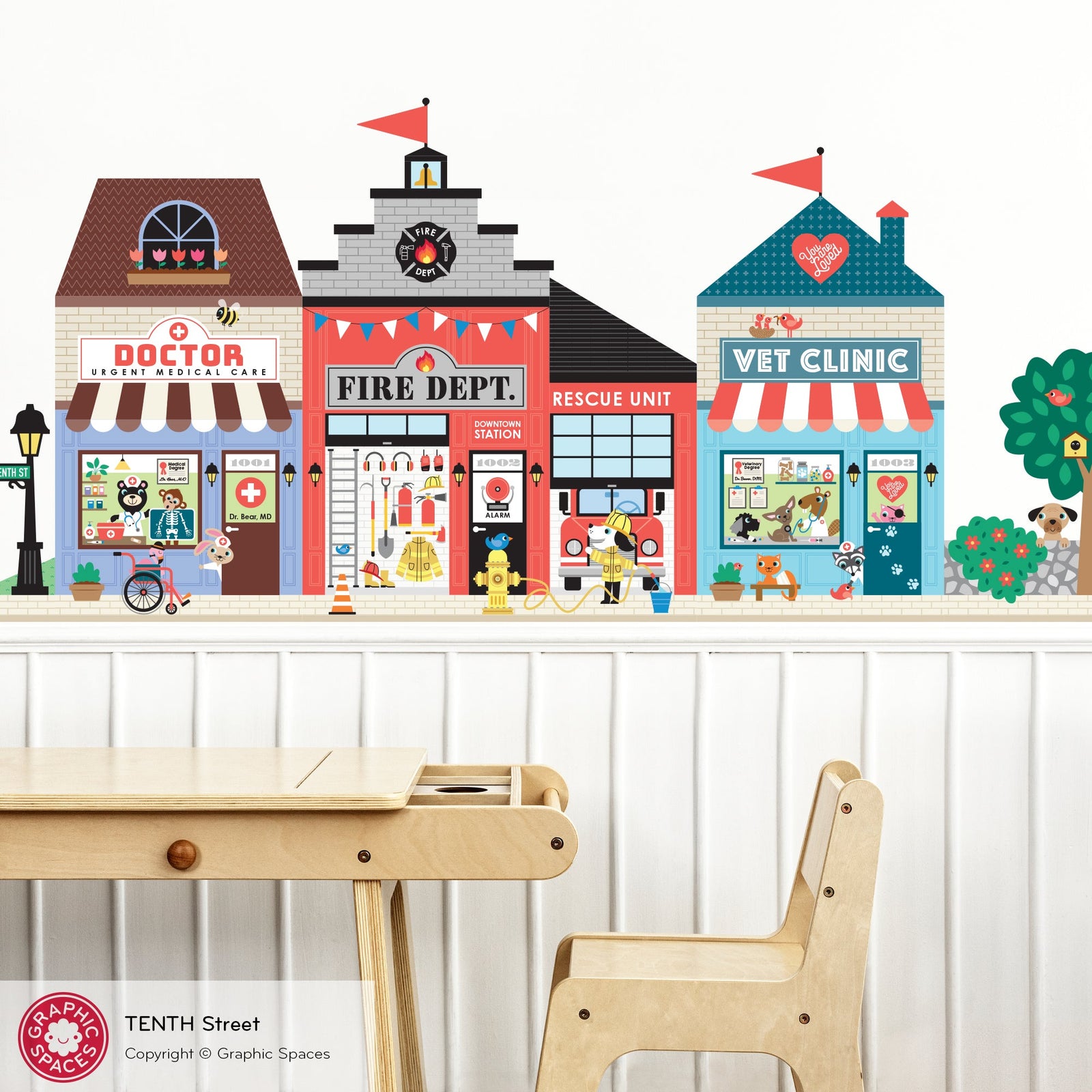 Small town established street wall decal collection features 12 playfully illustrated 3-building village scenes for kids