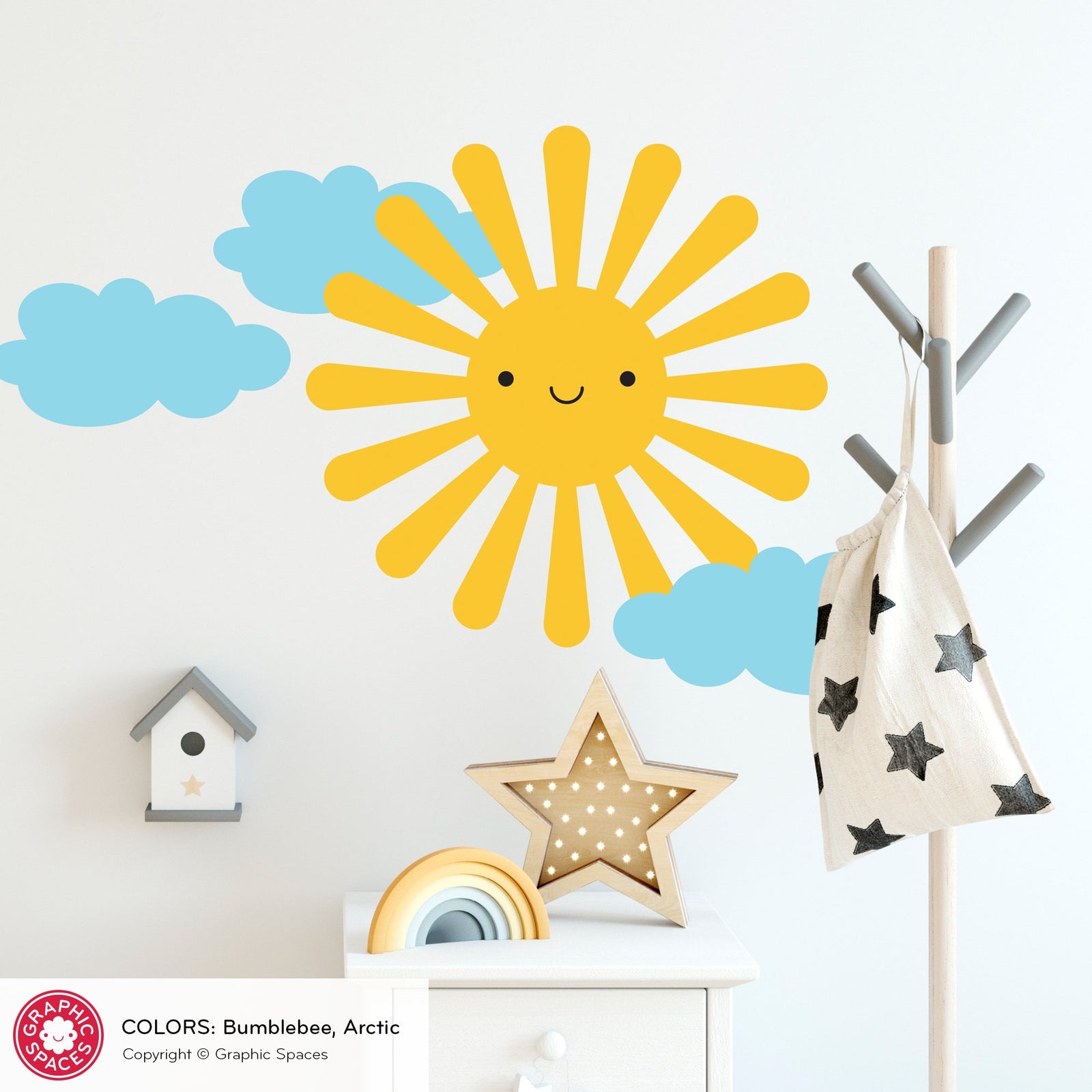 A curated collection of sky wall decals featuring a sun, clouds, rainbow & stars for nursery & kids' rooms by Graphic Spaces