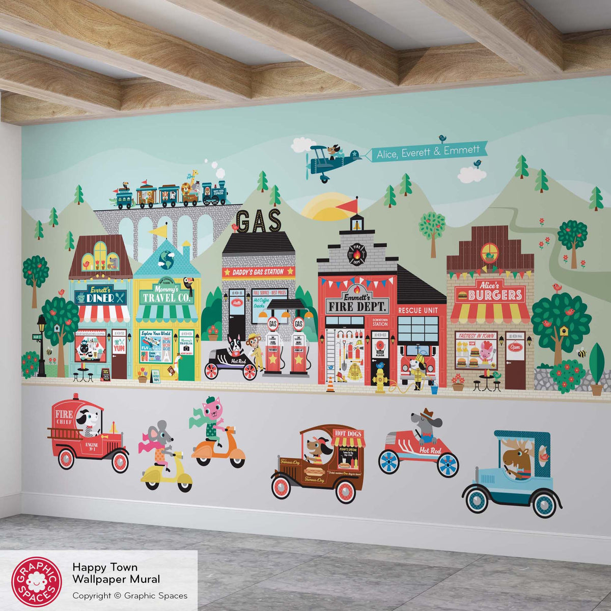 Wall Mural - Happy Town Village (Personalized, 5 Buildings)