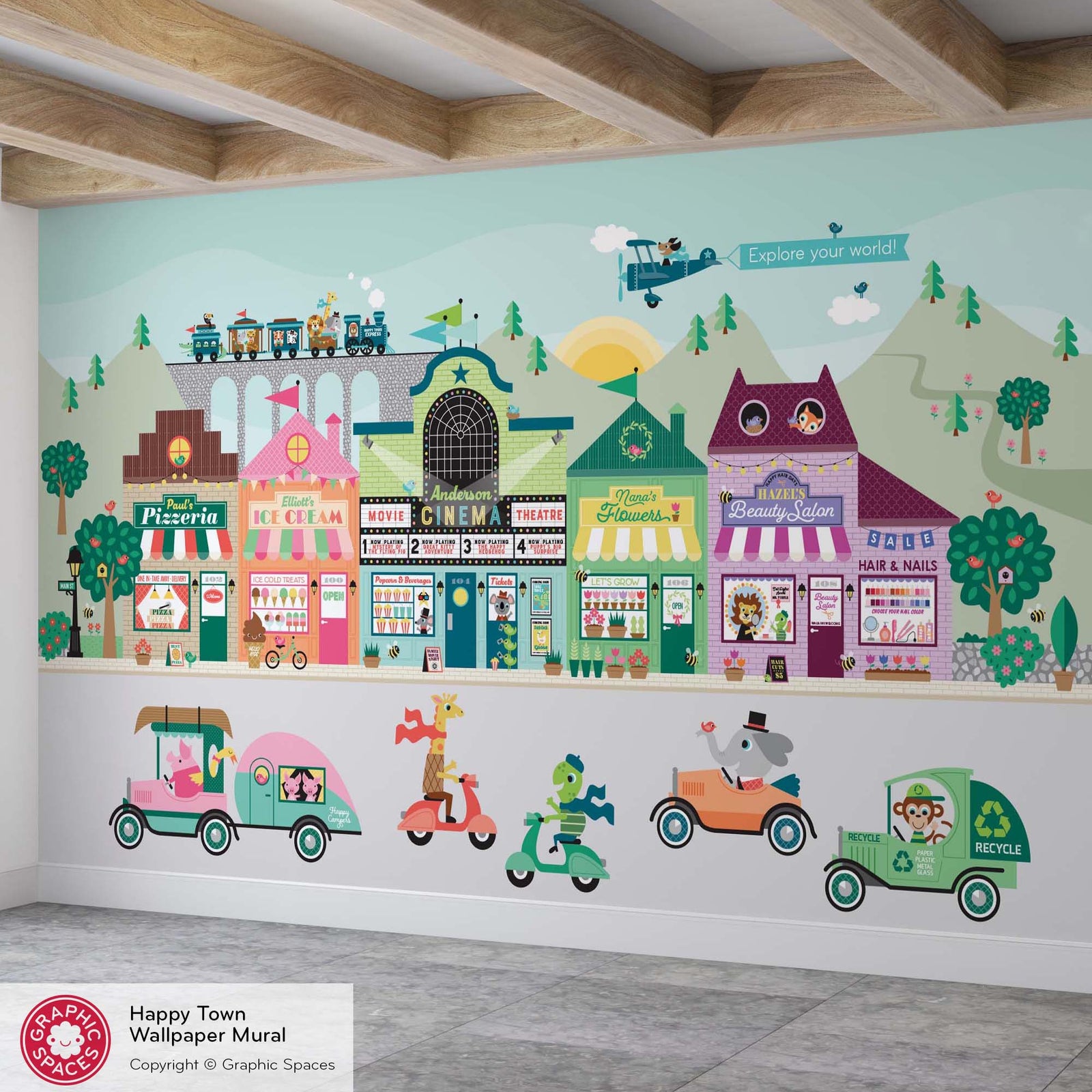 Kids Wall Mural - Custom Happy Town Village (Personalized, 5 Buildings) - Graphic Spaces