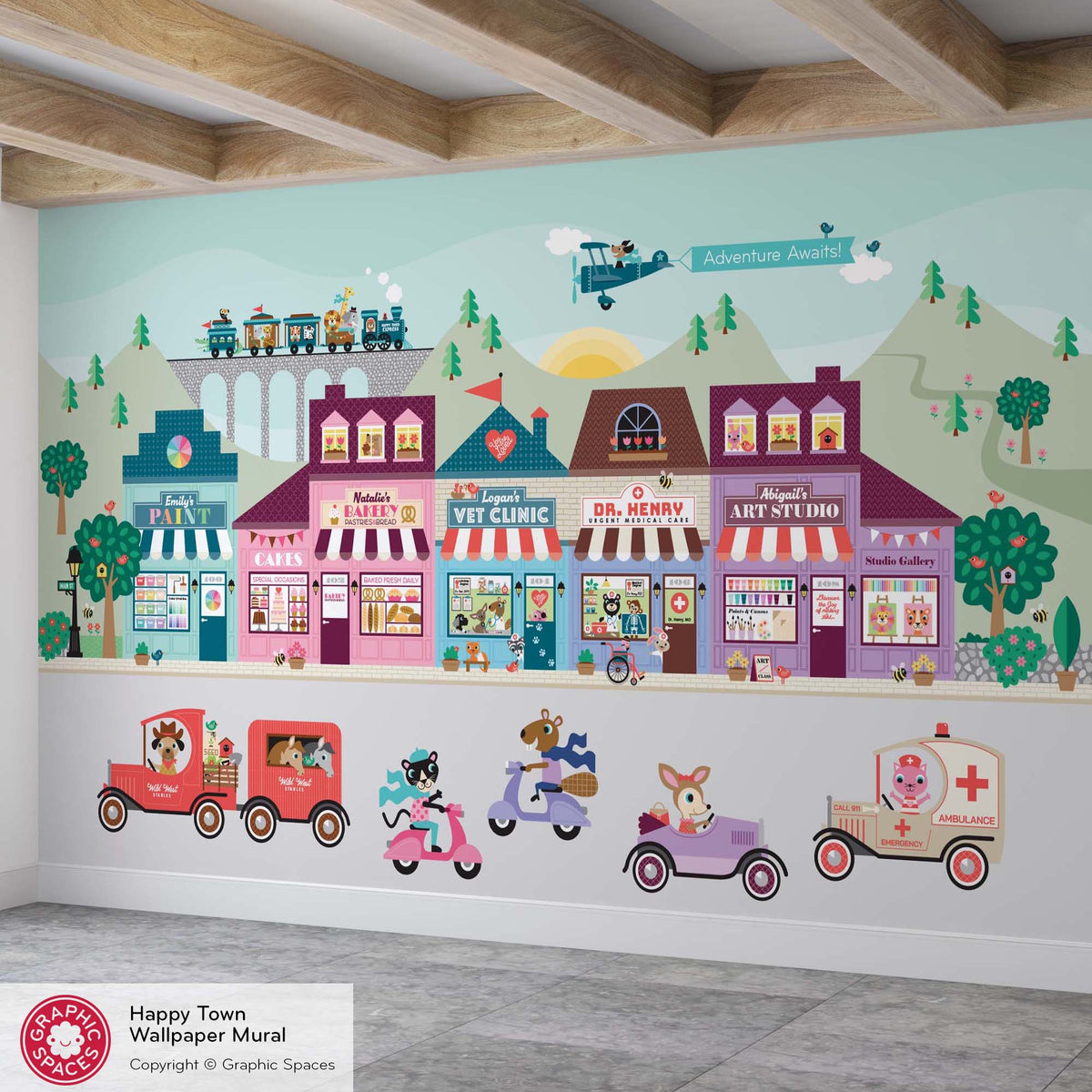 Happy Town Village Playroom Wallpaper Mural - 5 Buildings