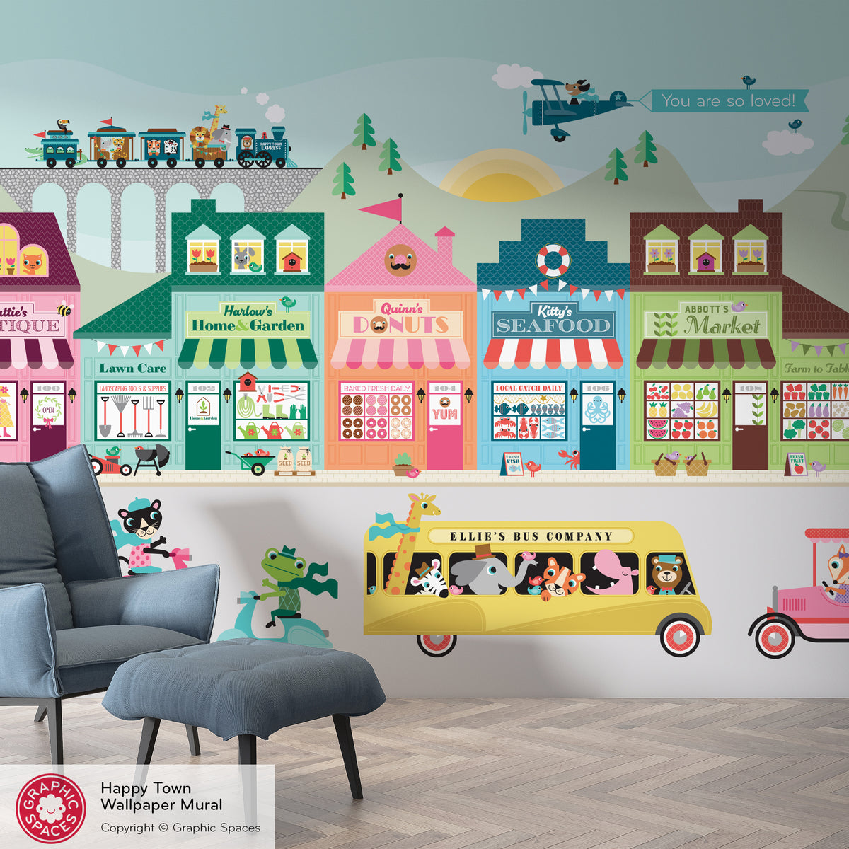 Wall Mural - Happy Town Village (Personalized, 5 Buildings)
