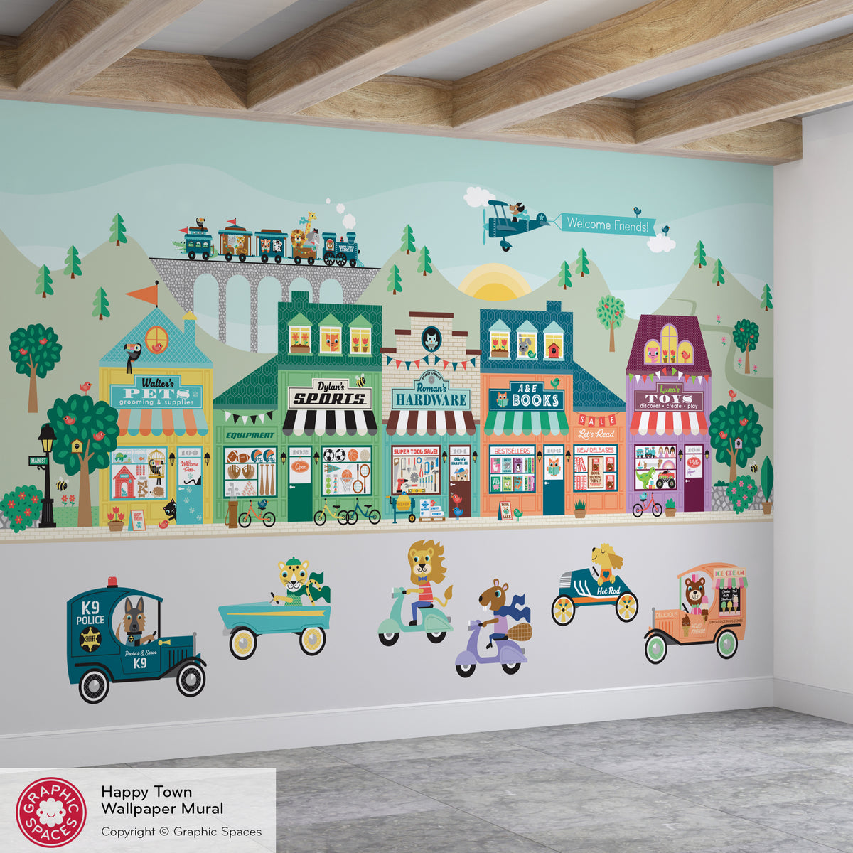 Wall Mural - Happy Town Village (Personalized, 5 Buildings)