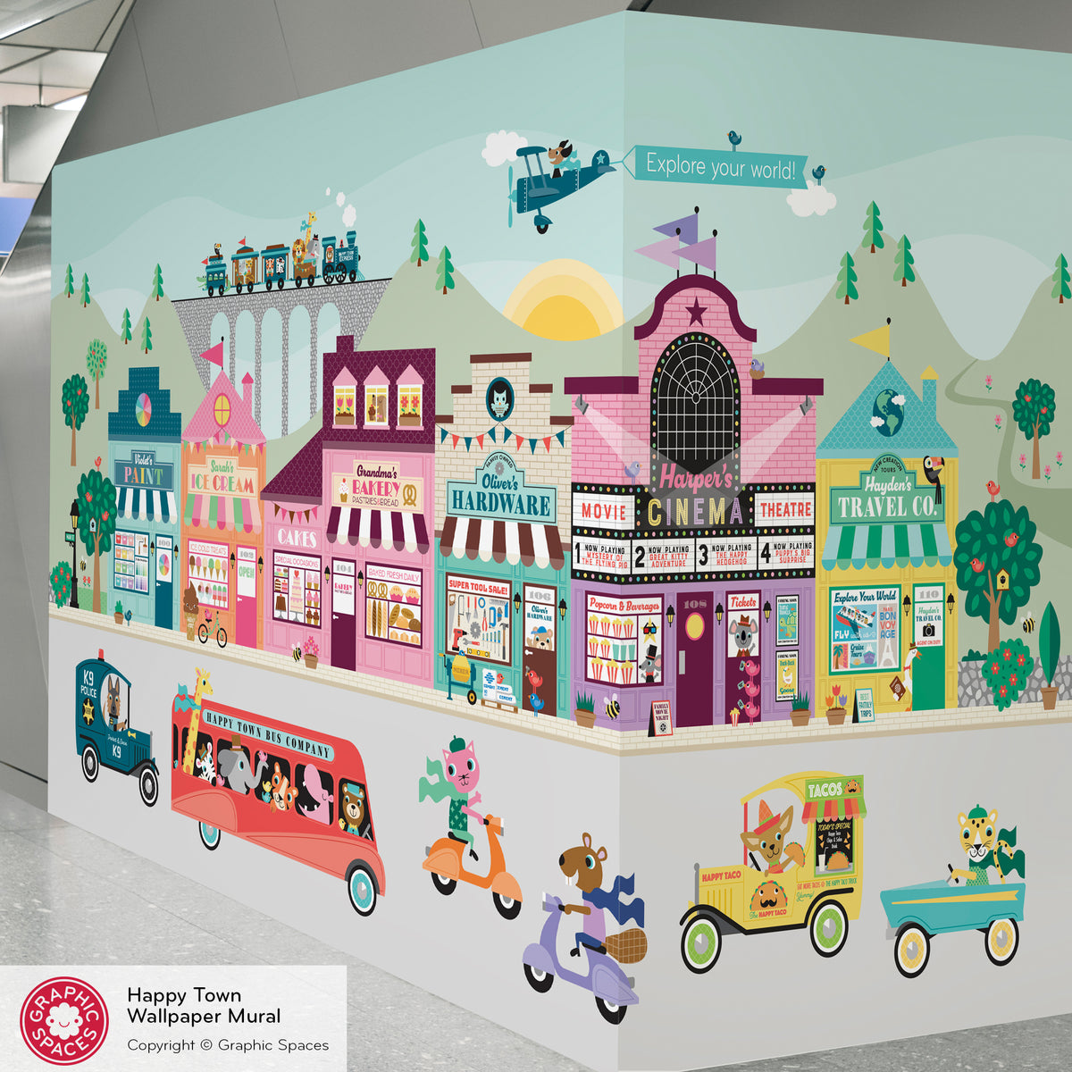 Wall Mural - Happy Town Village (Personalized, 6 Buildings) 