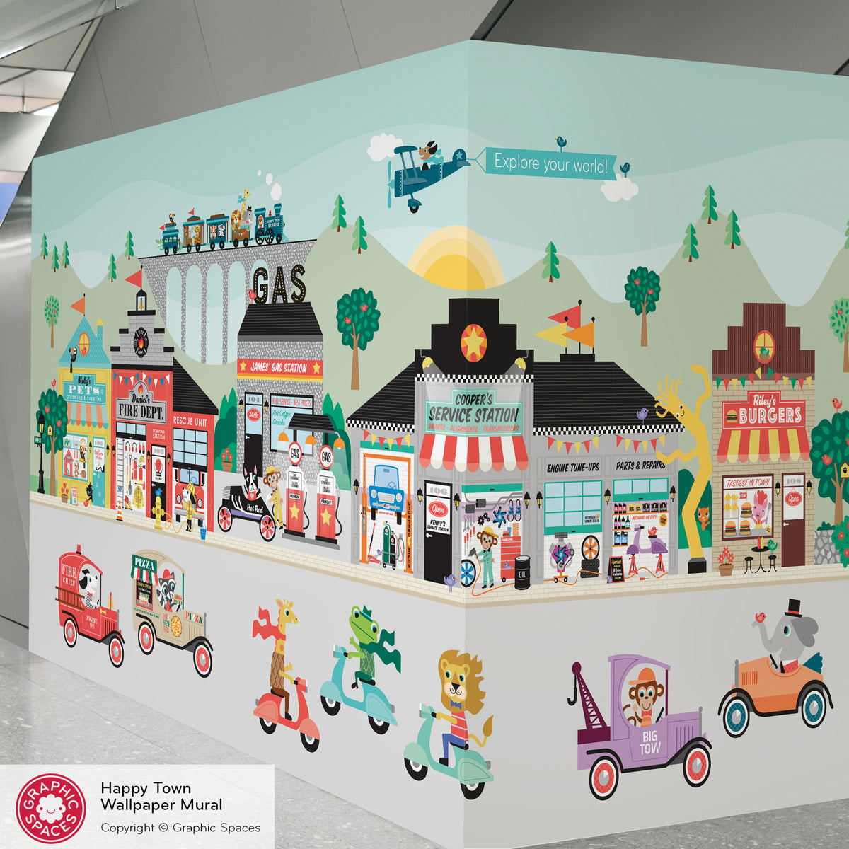 Wall Mural - Happy Town Village (Personalized, 6 Buildings) 