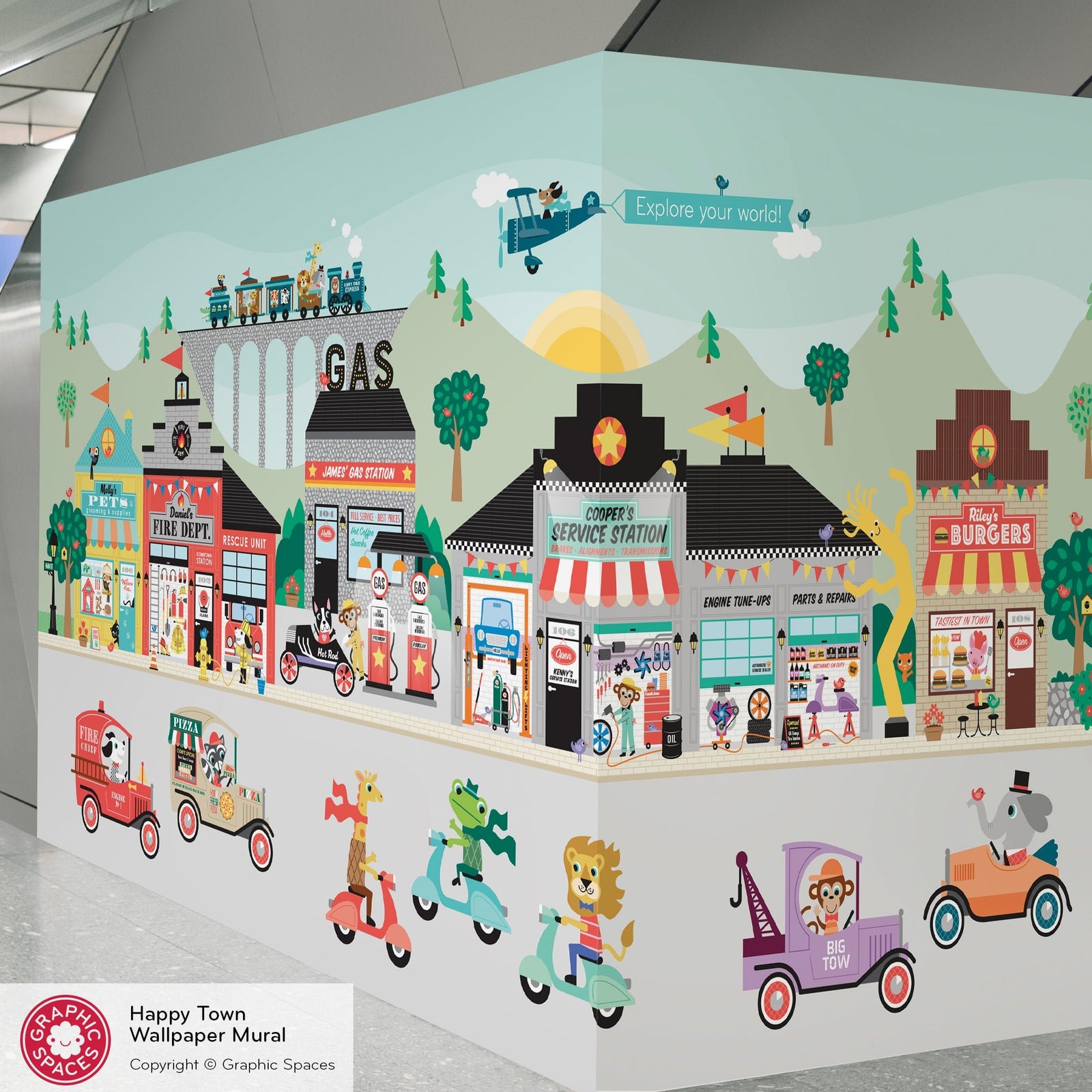 Kids Wall Mural - Happy Town Village (Personalized, 6 Buildings) - Graphic Spaces