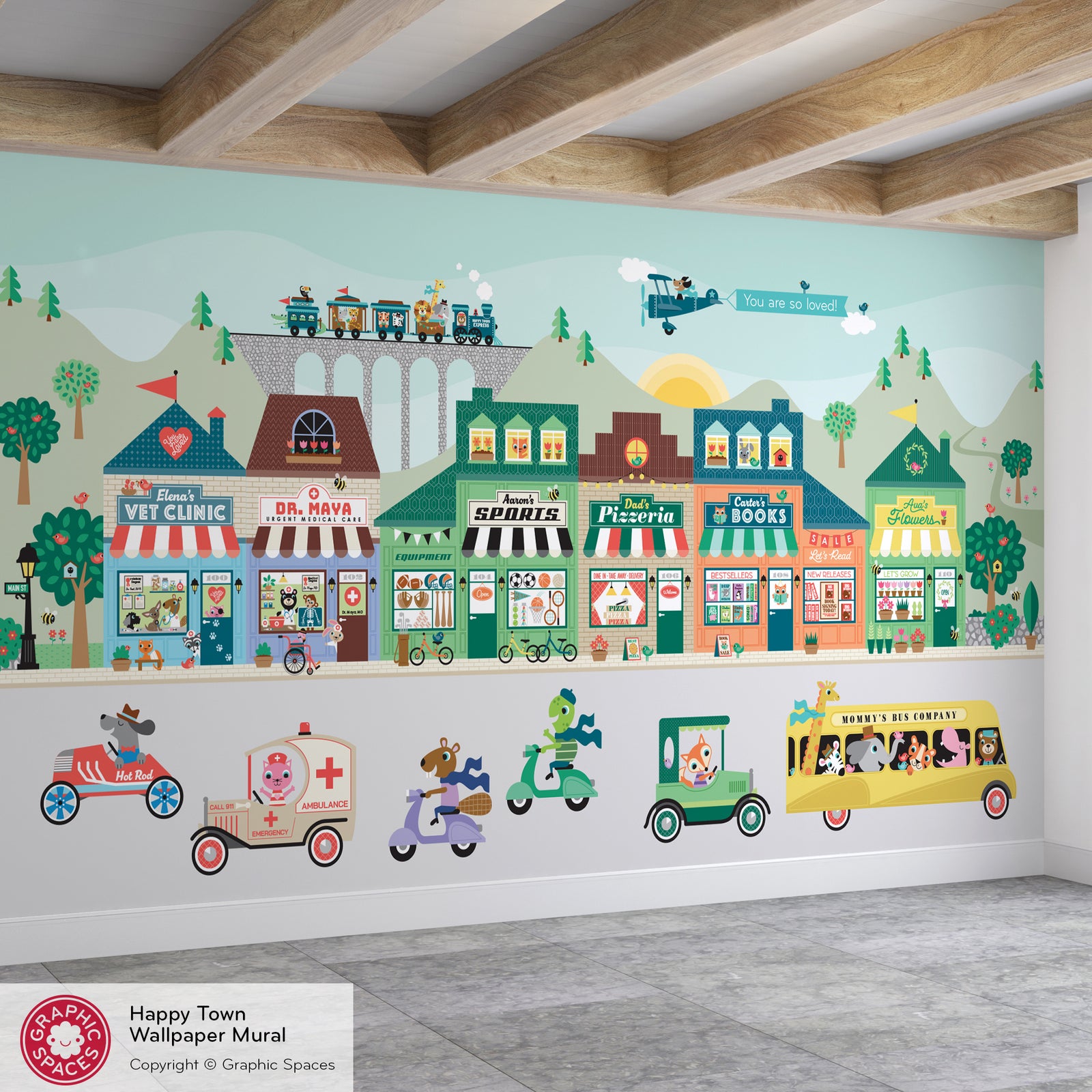 Kids Wall Mural - Happy Town Village (Personalized, 6 Buildings) - Graphic Spaces