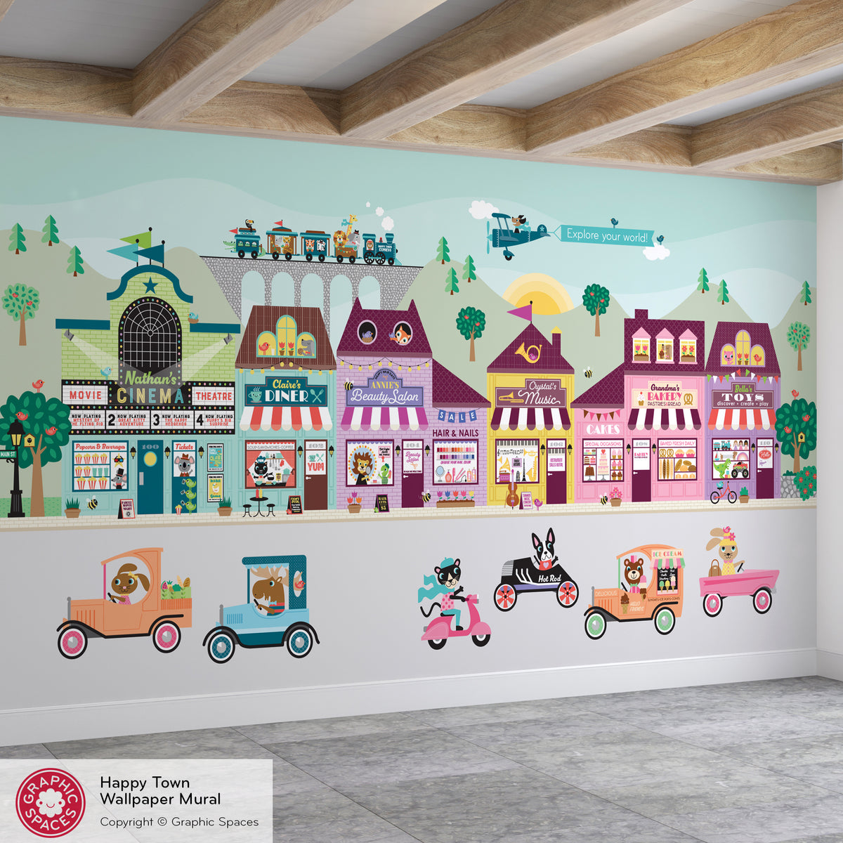 Wall Mural - Happy Town Village (Personalized, 6 Buildings) 