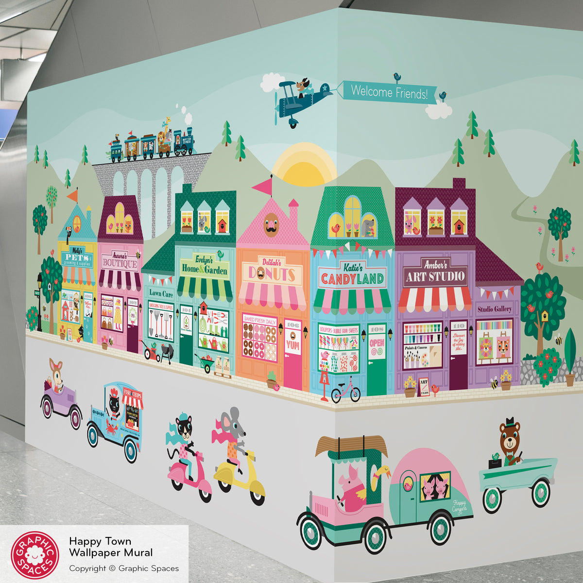 Wall Mural - Happy Town Village (Personalized, 6 Buildings) 