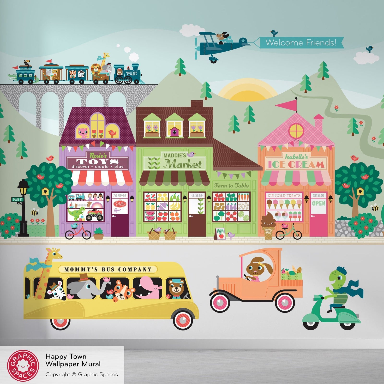 Kids Wall Mural - Happy Town Village (Personalized, 3 Buildings) - Graphic Spaces