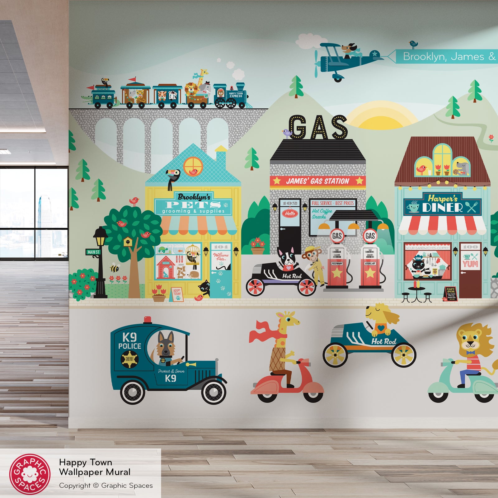 Kids Wall Mural - Happy Town Village (Personalized, 3 Buildings) - Graphic Spaces