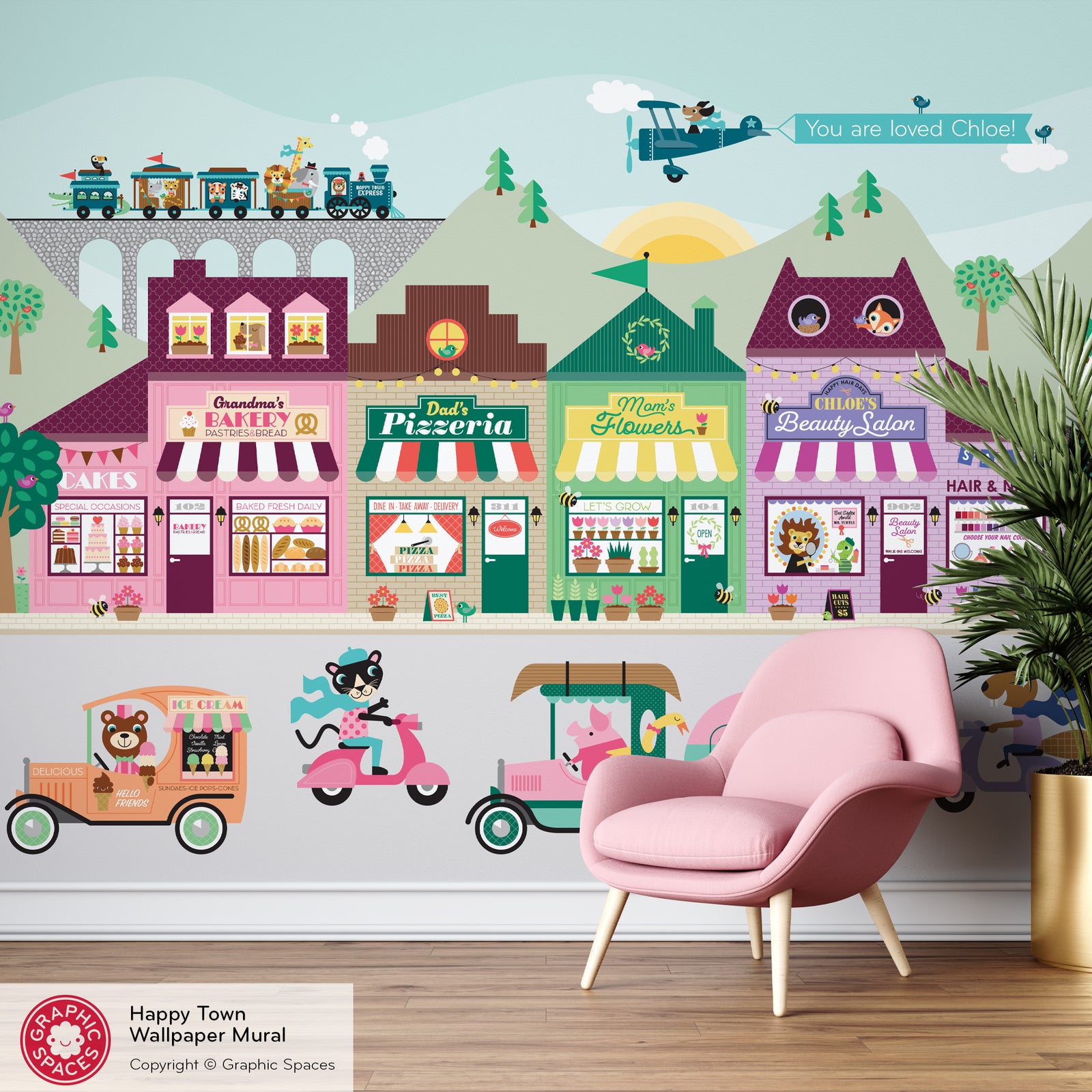 Kids Wall Mural - Happy Town Village (Personalized, 4 Buildings) - Graphic Spaces