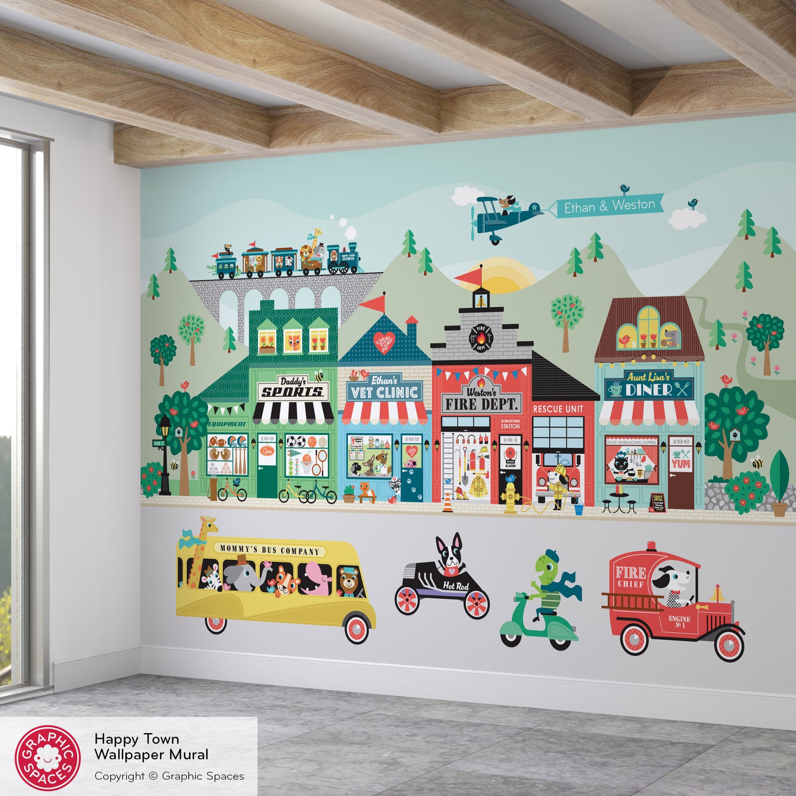 Kids Wall Mural - Happy Town Village (Personalized, 4 Buildings) - Graphic Spaces