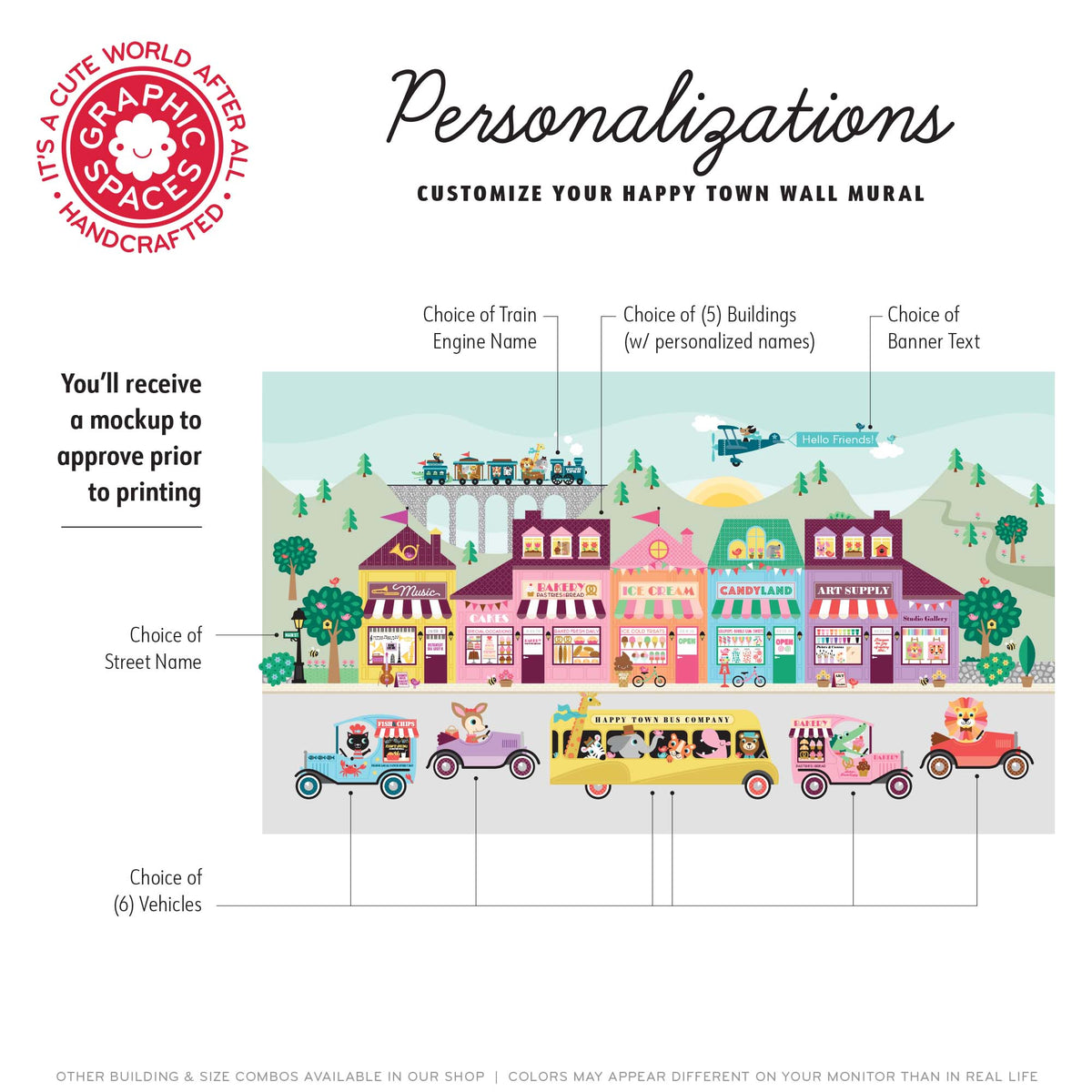 Wall Mural - Happy Town Village (Personalized, 5 Buildings)