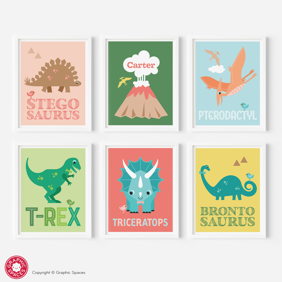 Dinosaur nursery art prints, set of six.