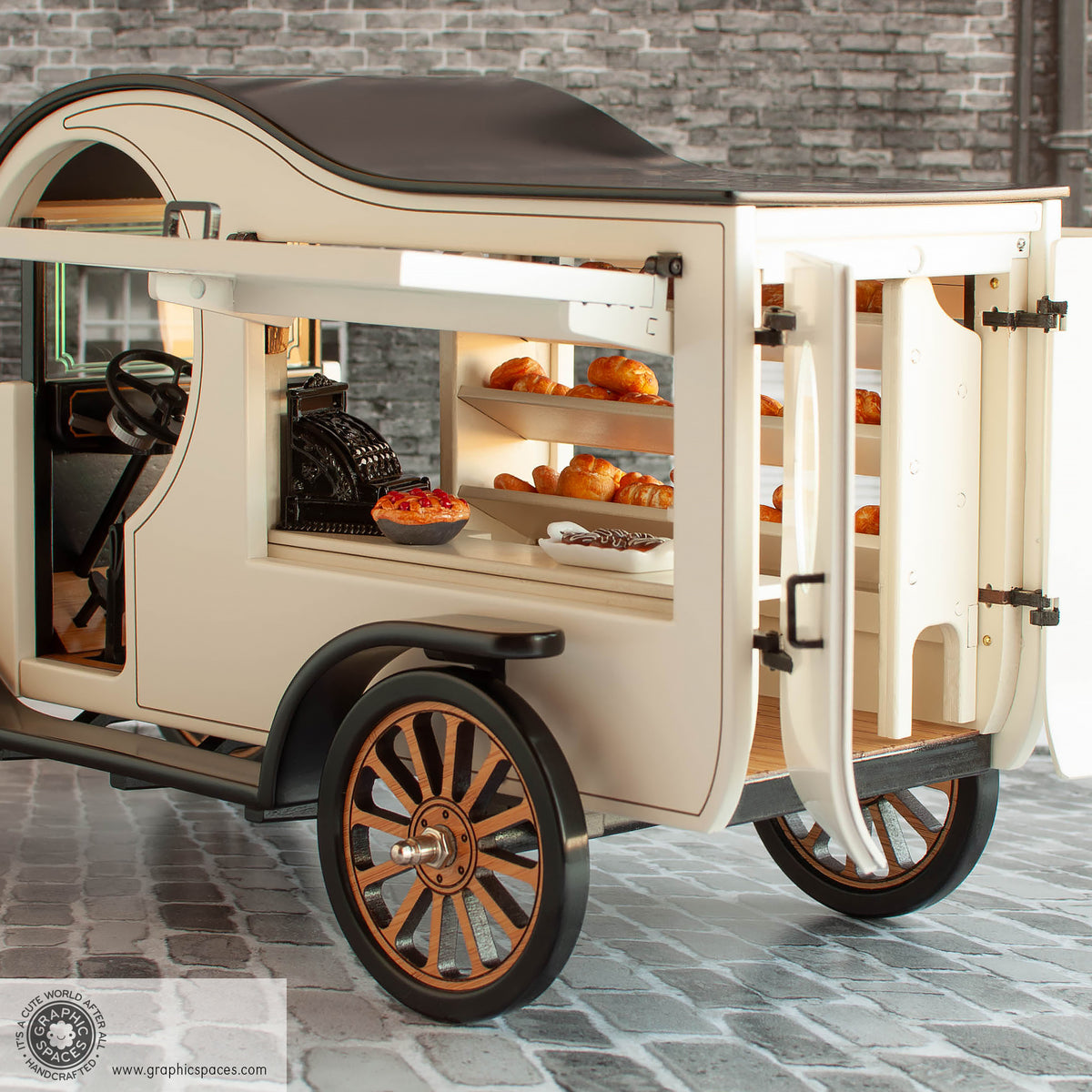 1:12 Scale Room Box White Bakery Shop Truck Model T C Cab. Side rear view showing partial Counter and Shelves. Open doors. 