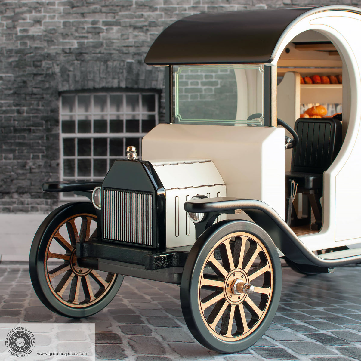 1:12 Scale Room Box White Bakery Shop Truck Model T C Cab. Front view detailing grille, headlights and seat.