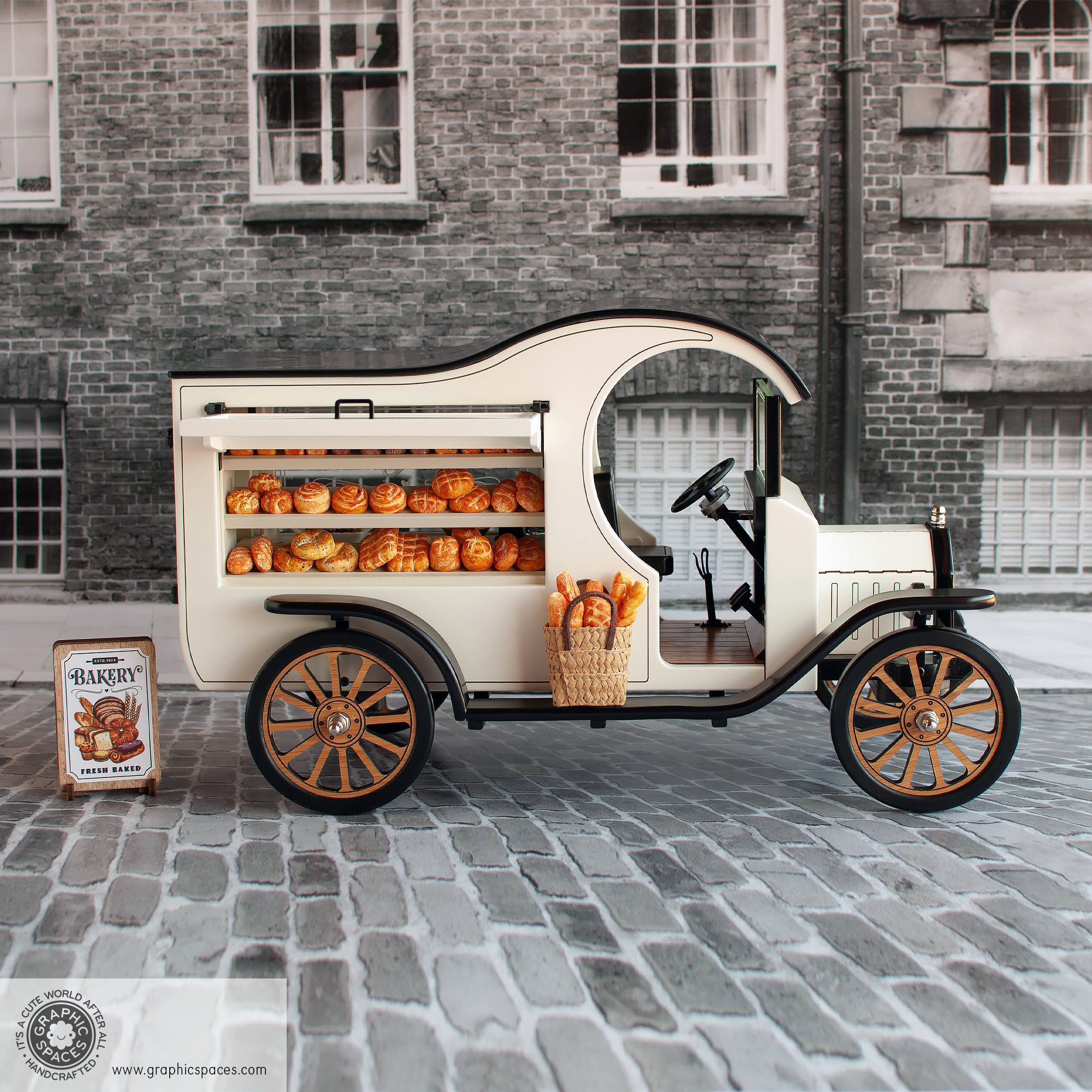 1:12 Scale Room Box White Bakery Shop Truck Model T C Cab. Passenger side view. Closed window showing  freshly baked breads.