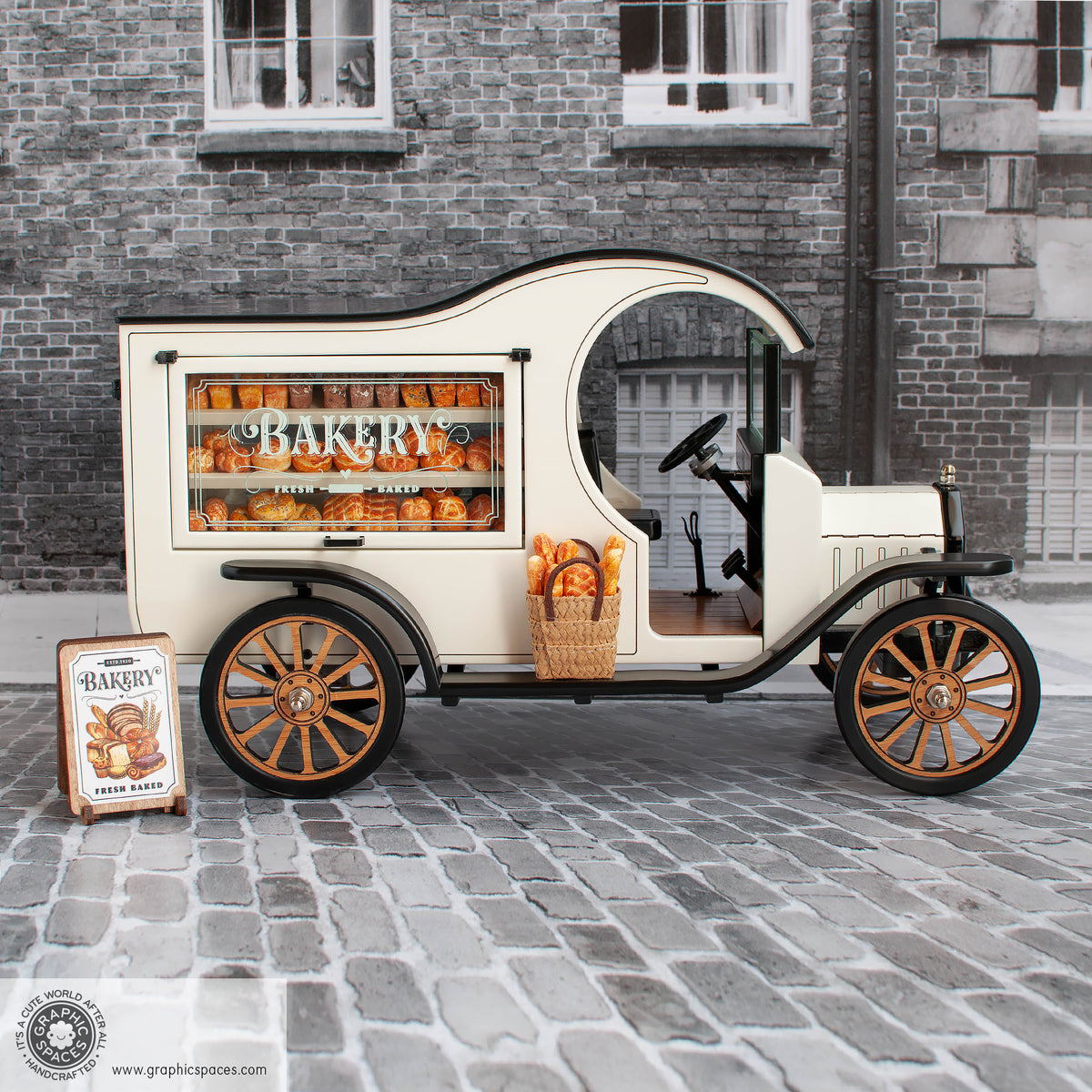 1:12 Scale Room Box White Bakery Shop Truck Model T C Cab. Passenger side view. Closed window showing  freshly baked breads.