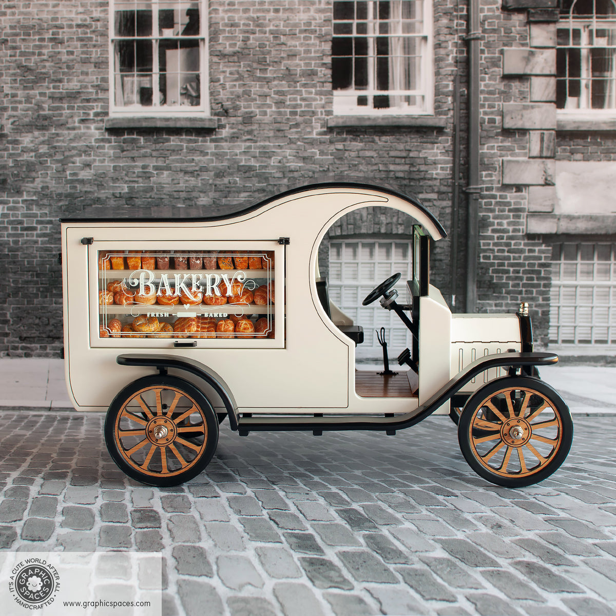 1:12 Scale Room Box White Bakery Shop Truck Model T C Cab. Passenger side view featuring display window.