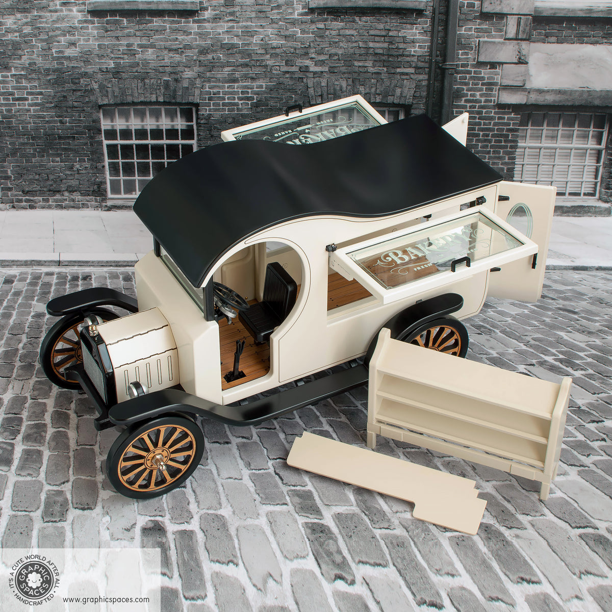 1:12 Scale Room Box White Bakery Shop Truck Model T C Cab. View shows Counter and Shelf options. Windows and doors open.