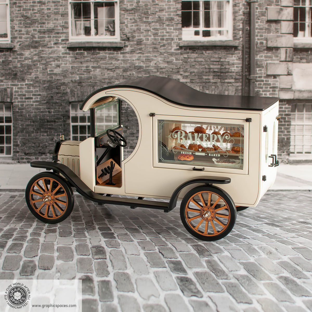 1:12 Scale Room Box White Bakery Shop Truck Model T C Cab. Full driver side view. Front cab detail. Display window closed.