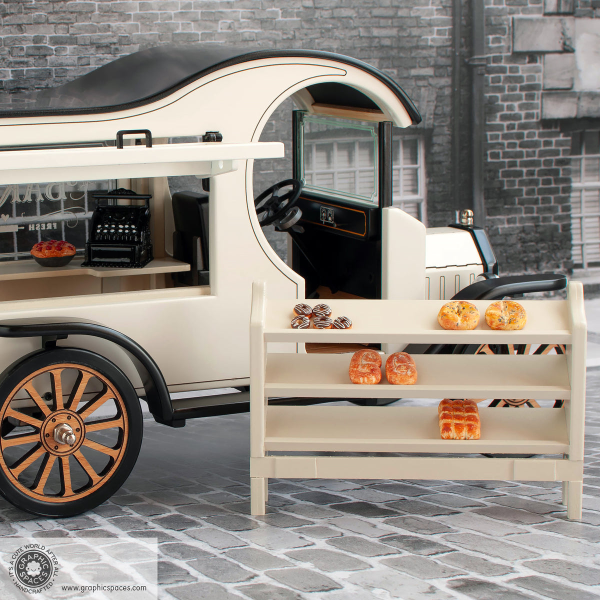 1:12 Scale Room Box White Bakery Shop Truck Model T C Cab. Passenger side showing both Counter and uninstalled Shelf options.