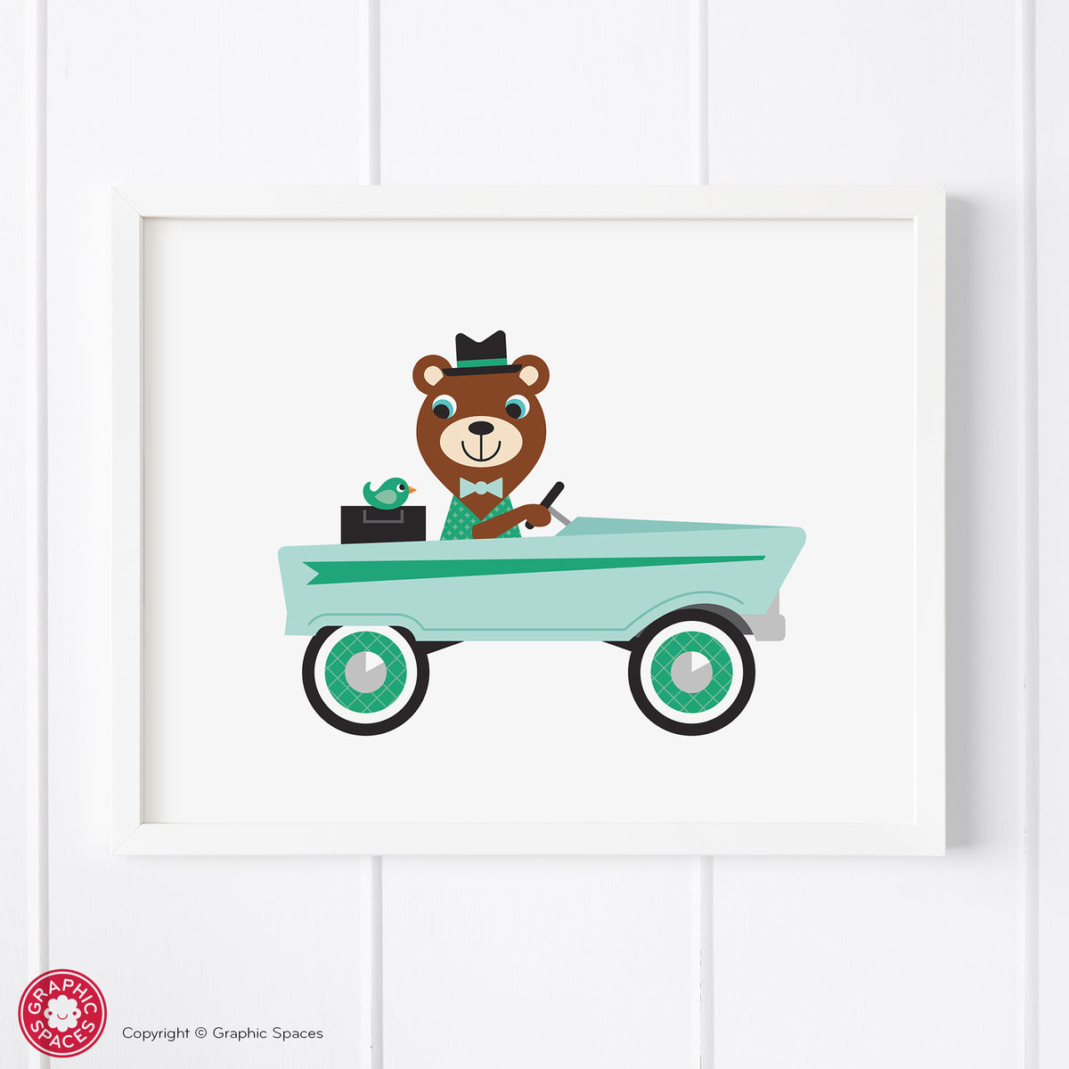 Car nursery art print, bear.
