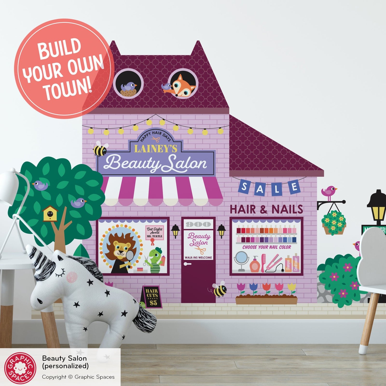 Kids Wall Decal - Happy Town Beauty Salon (Personalized) - Graphic Spaces