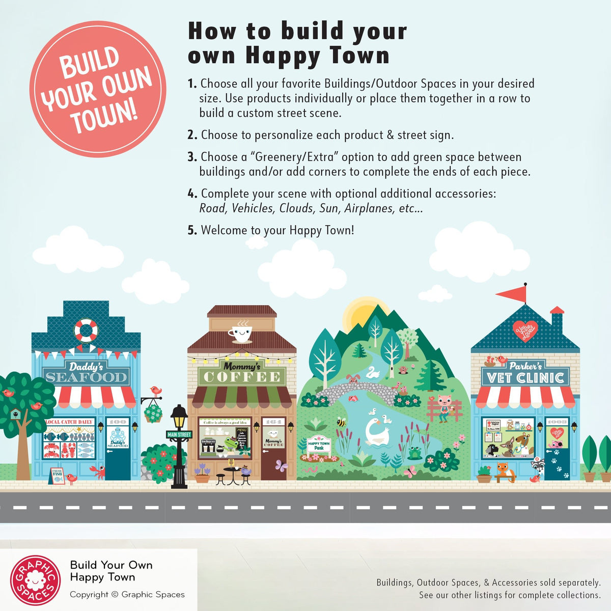 How to build your own Happy Town wall decal street scene using our collection to decorate kids play room - Graphic Spaces