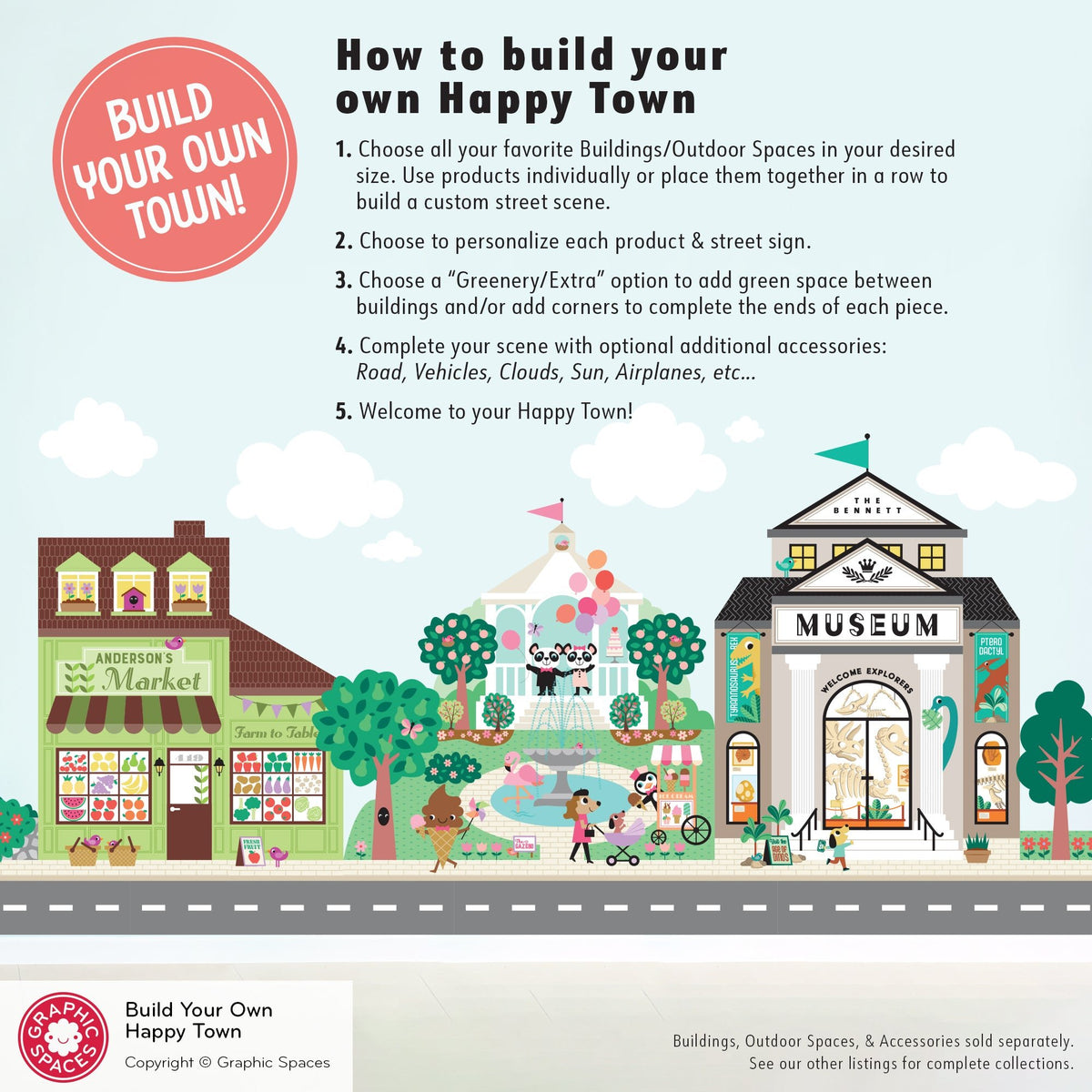 How to build your own Happy Town wall decal street scene using our collection to decorate kids play room - Graphic Spaces