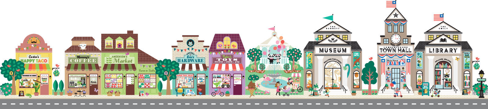 Happy Town Collection printable preview – long row of colourful illustrated shopfronts, museum, town hall & library with grey road border, kids’ modular wall-decal scene.