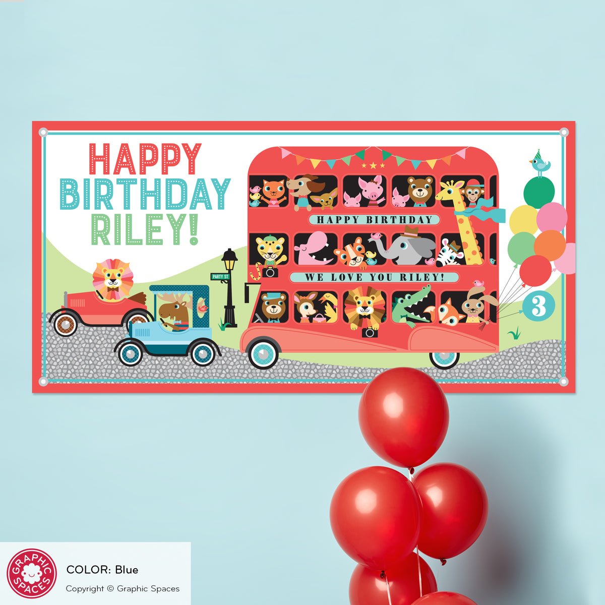 Animal Zoo London Bus Birthday Party Banner - BLUE