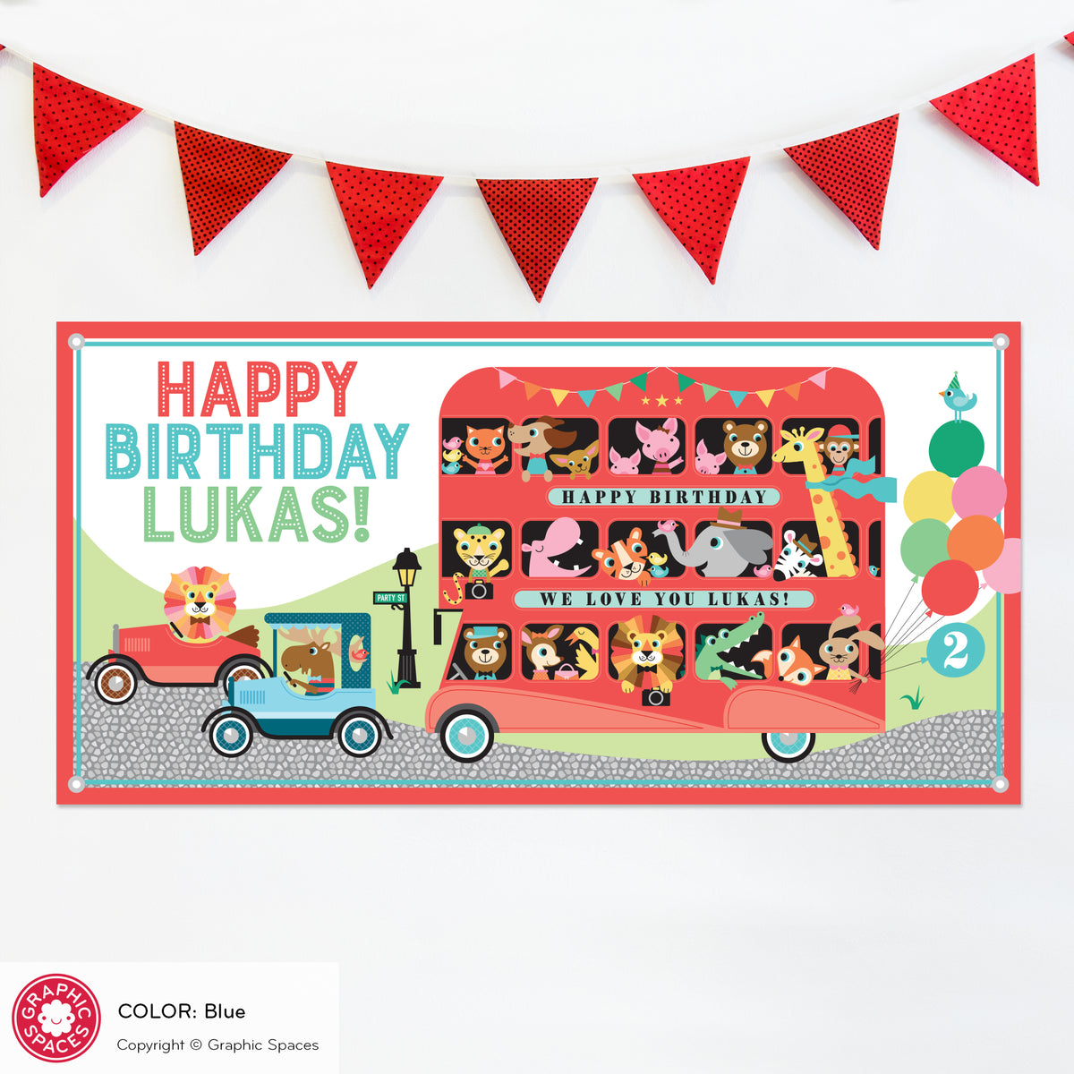Animal Zoo London Bus Birthday Party Banner - BLUE