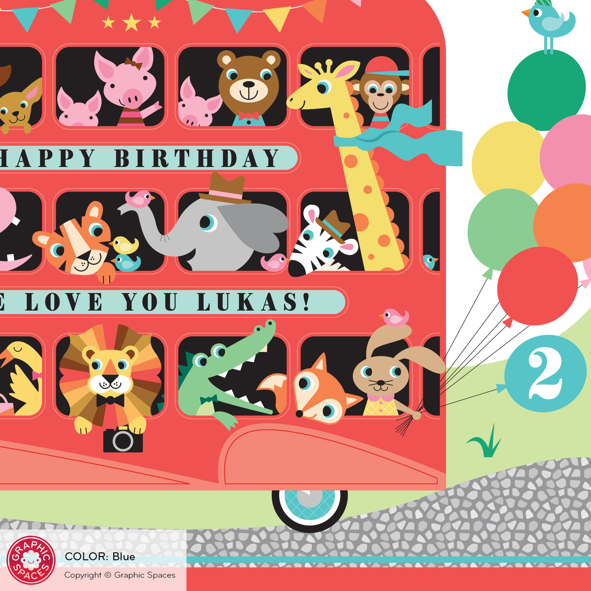 Animal Zoo London Bus Birthday Party Banner - BLUE